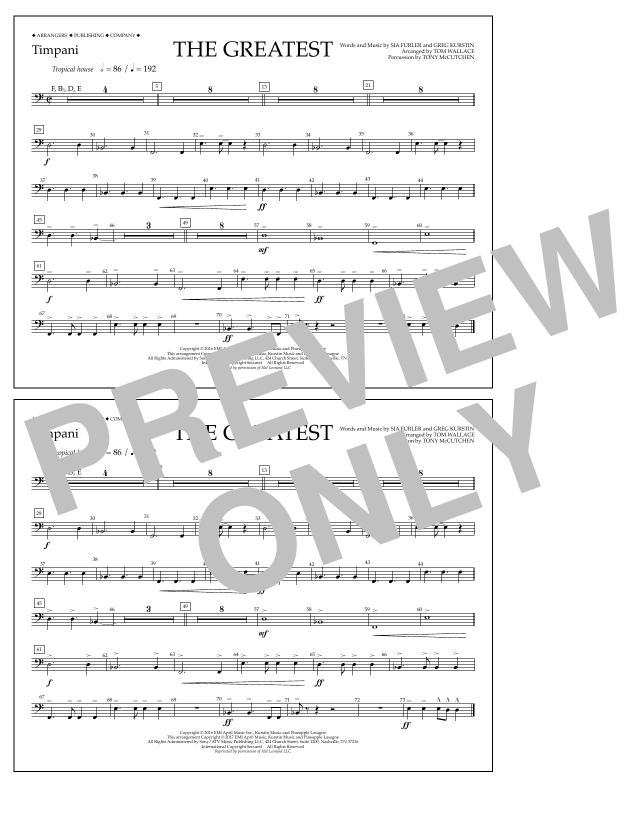 Tom Wallace The Greatest - Timpani Sheet Music Notes & Chords for Marching Band - Download or Print PDF