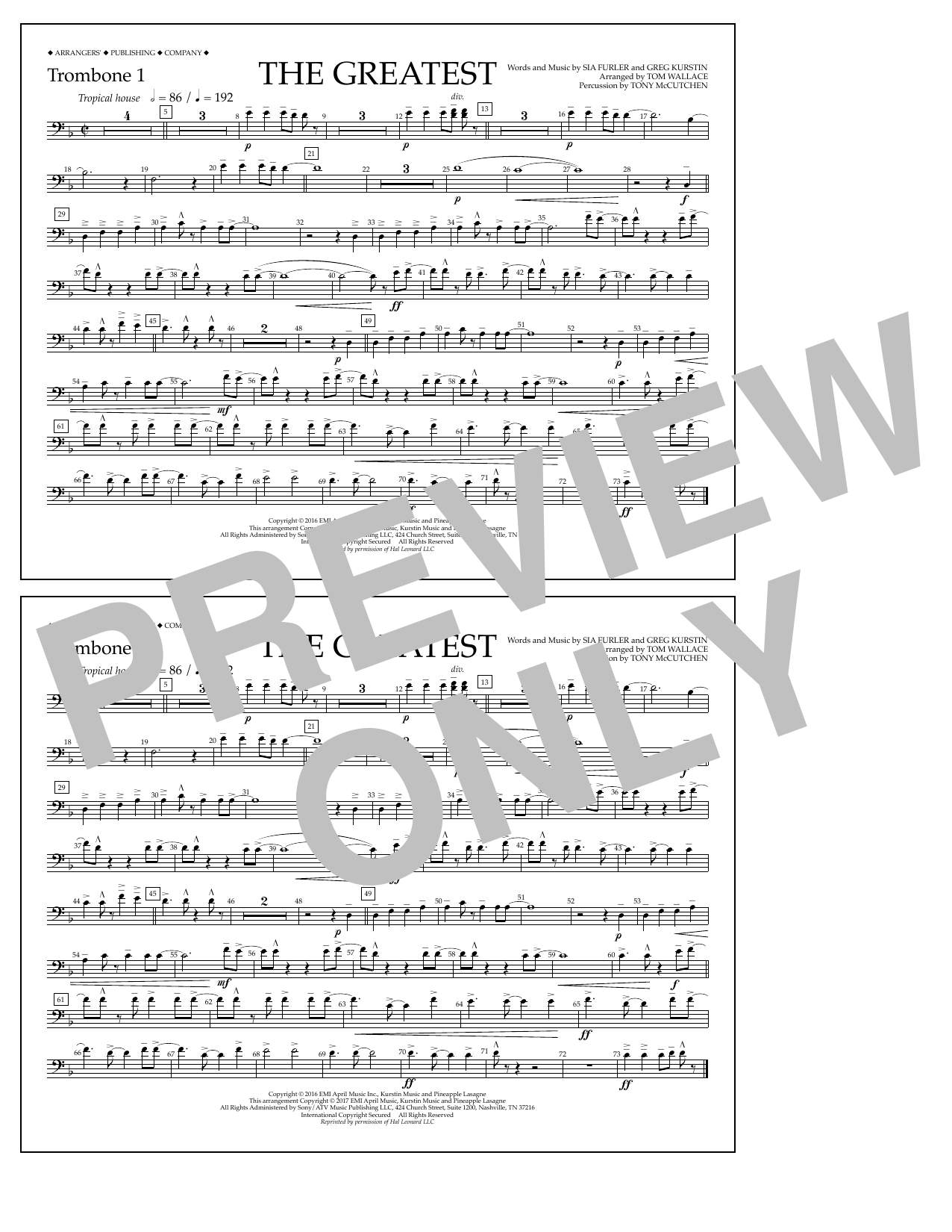 Tom Wallace The Greatest - Trombone 1 Sheet Music Notes & Chords for Marching Band - Download or Print PDF