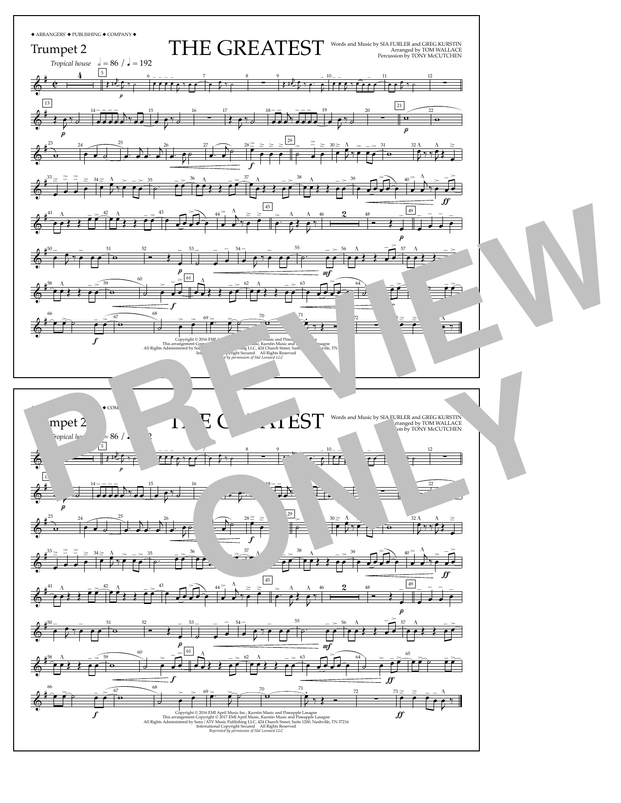 Tom Wallace The Greatest - Trumpet 2 Sheet Music Notes & Chords for Marching Band - Download or Print PDF