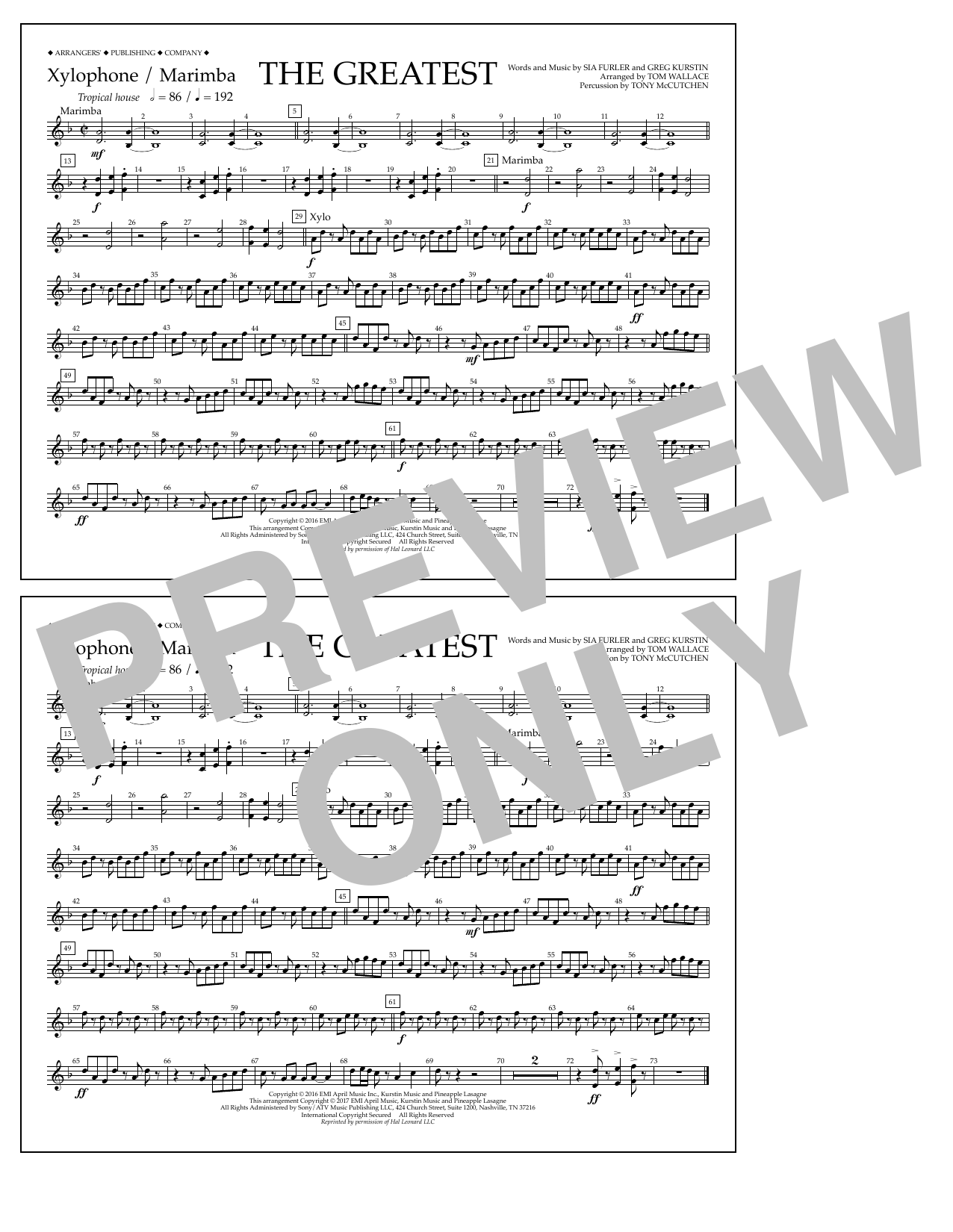 Tom Wallace The Greatest - Xylophone/Marimba Sheet Music Notes & Chords for Marching Band - Download or Print PDF