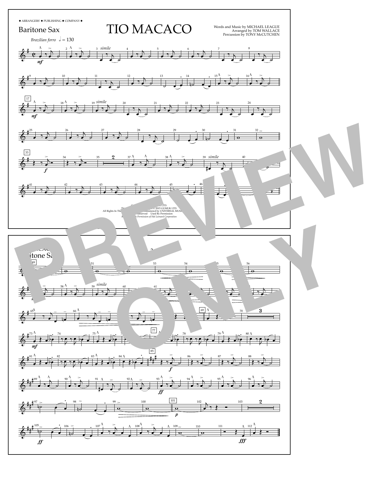 Tom Wallace Tio Macaco - Baritone Sax Sheet Music Notes & Chords for Marching Band - Download or Print PDF