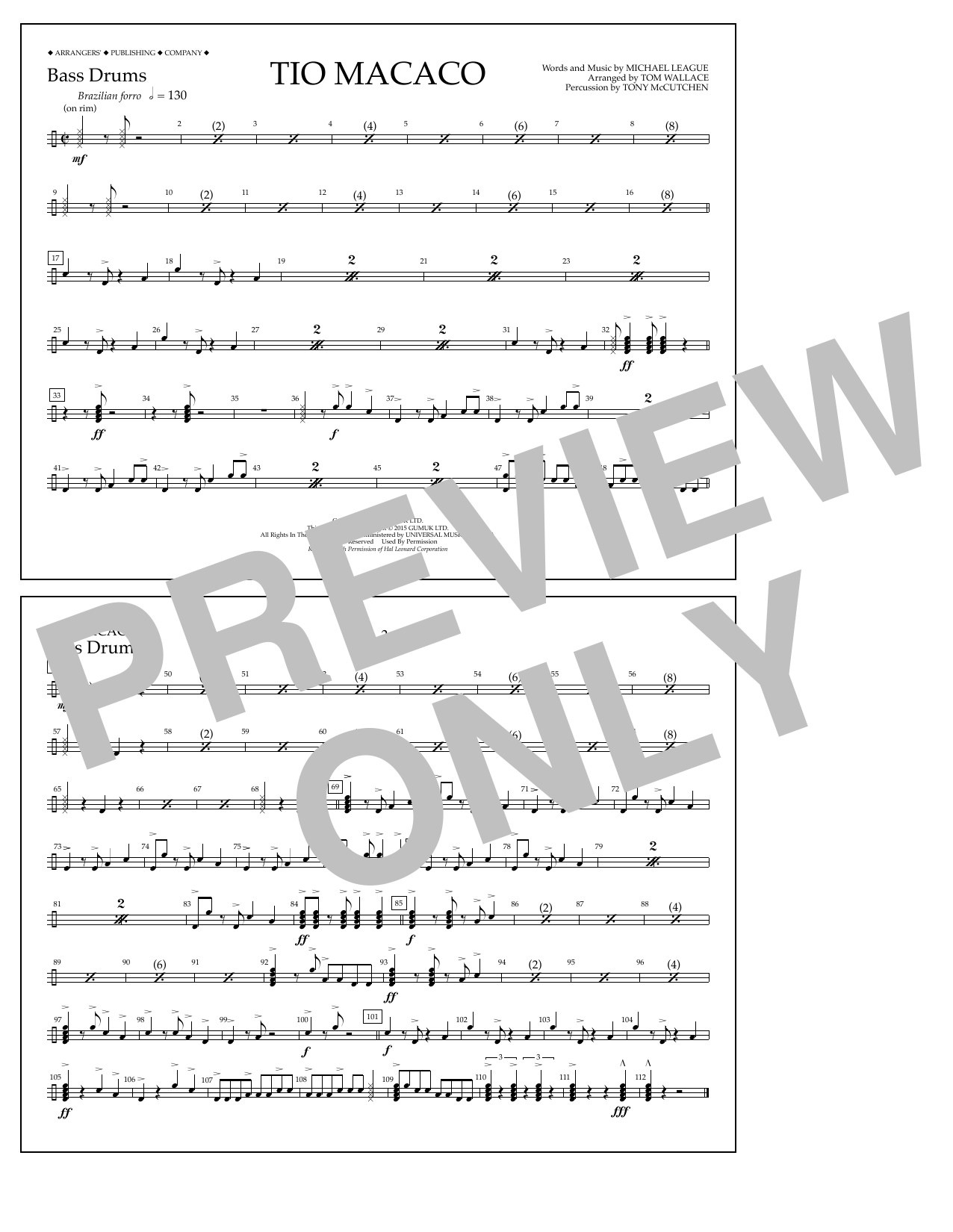 Tom Wallace Tio Macaco - Bass Drums Sheet Music Notes & Chords for Marching Band - Download or Print PDF