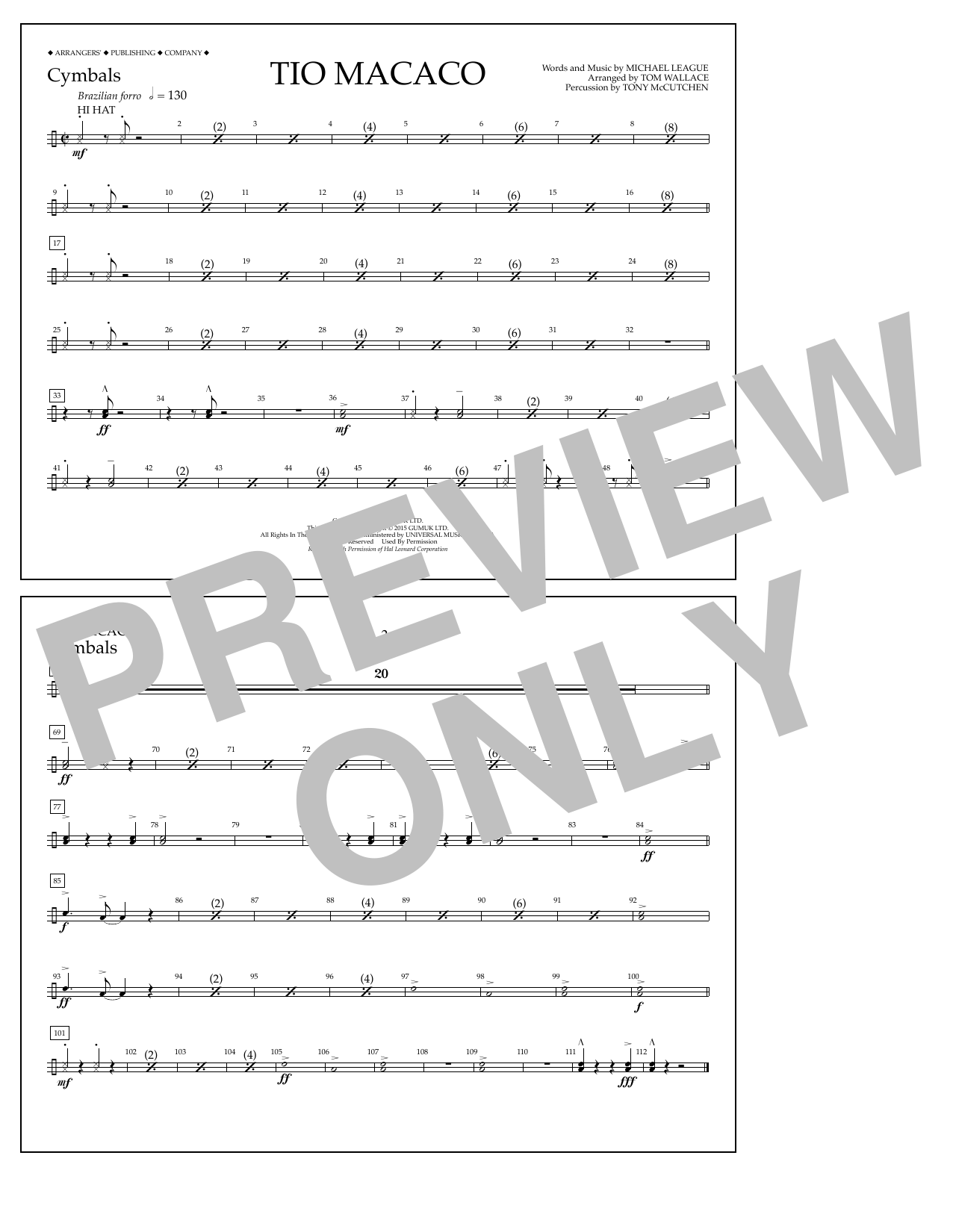 Tom Wallace Tio Macaco - Cymbals Sheet Music Notes & Chords for Marching Band - Download or Print PDF