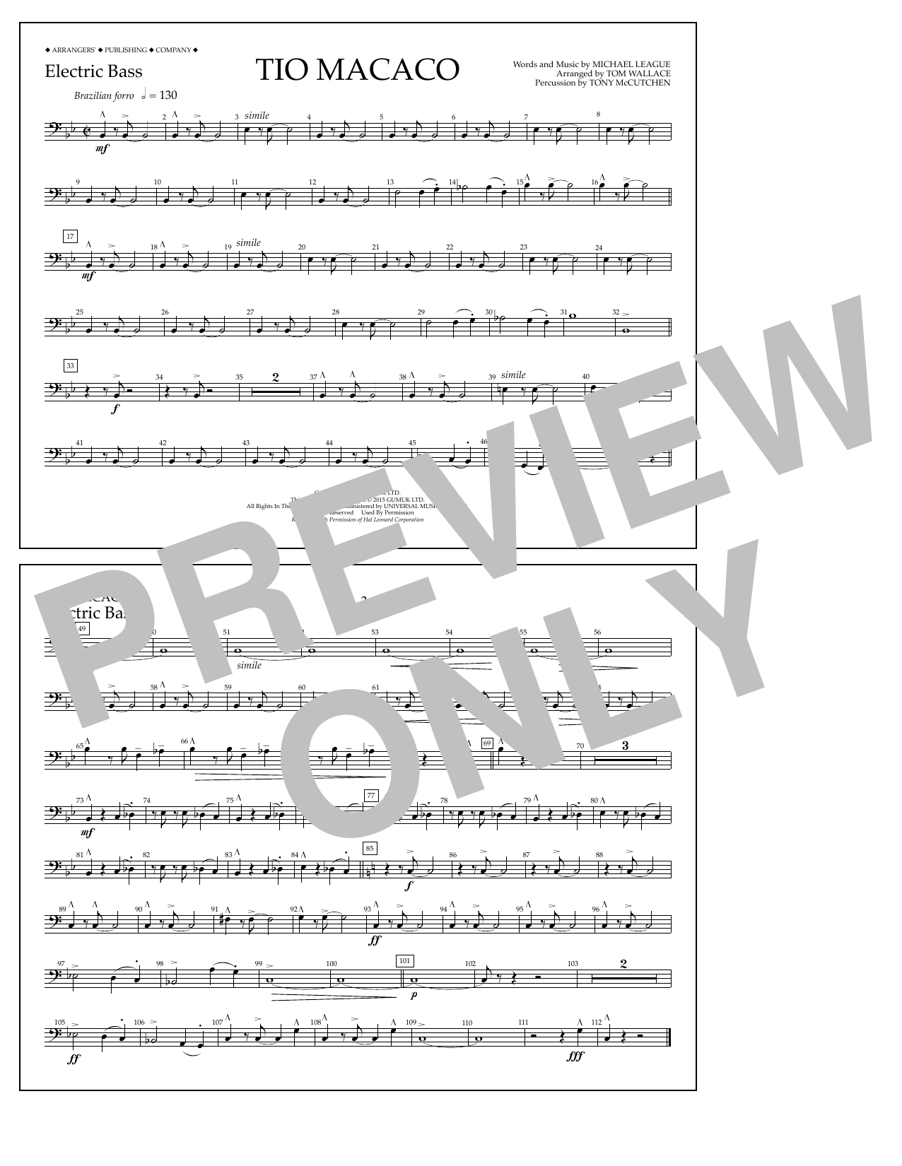 Tom Wallace Tio Macaco - Electric Bass Sheet Music Notes & Chords for Marching Band - Download or Print PDF