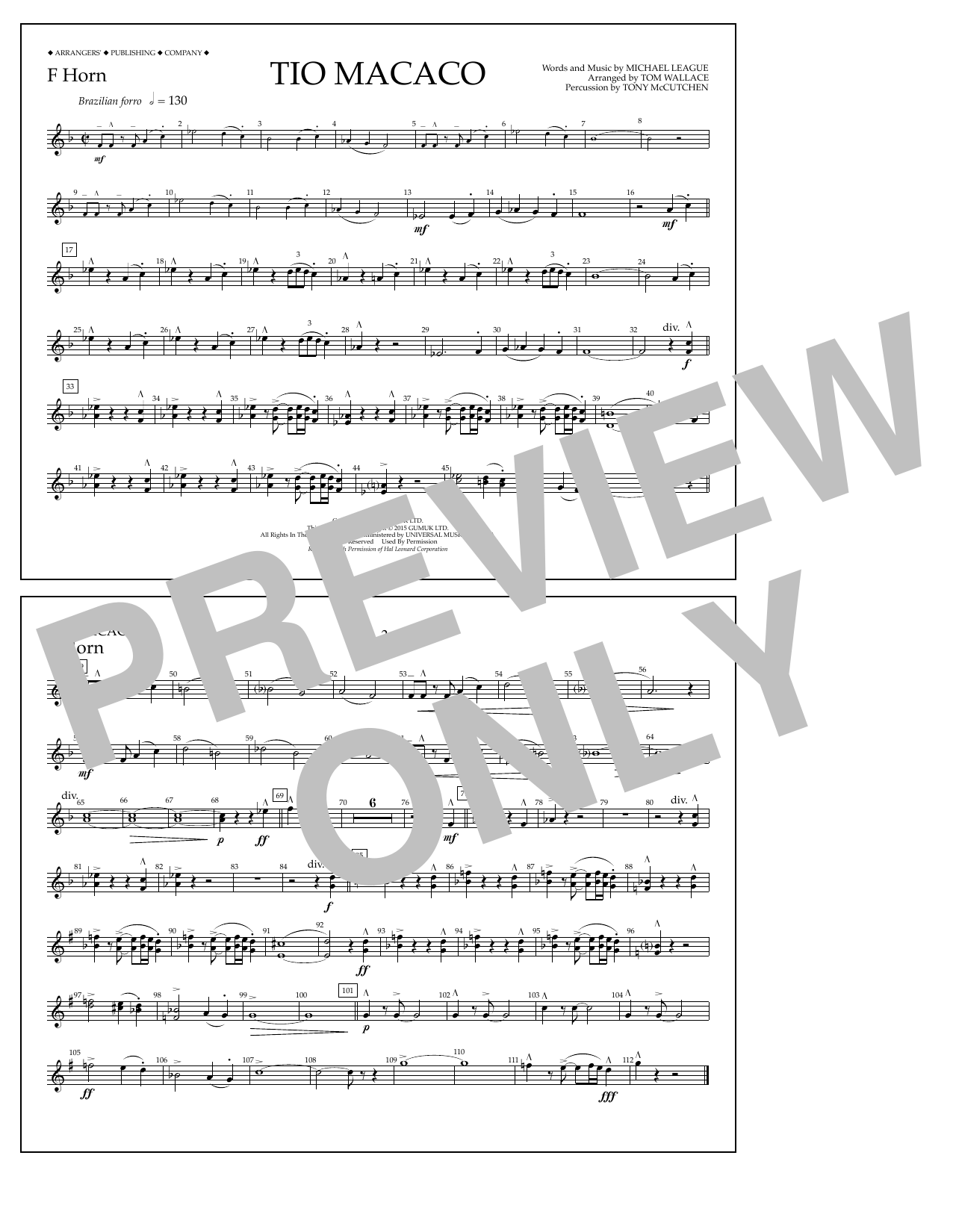 Tom Wallace Tio Macaco - F Horn Sheet Music Notes & Chords for Marching Band - Download or Print PDF