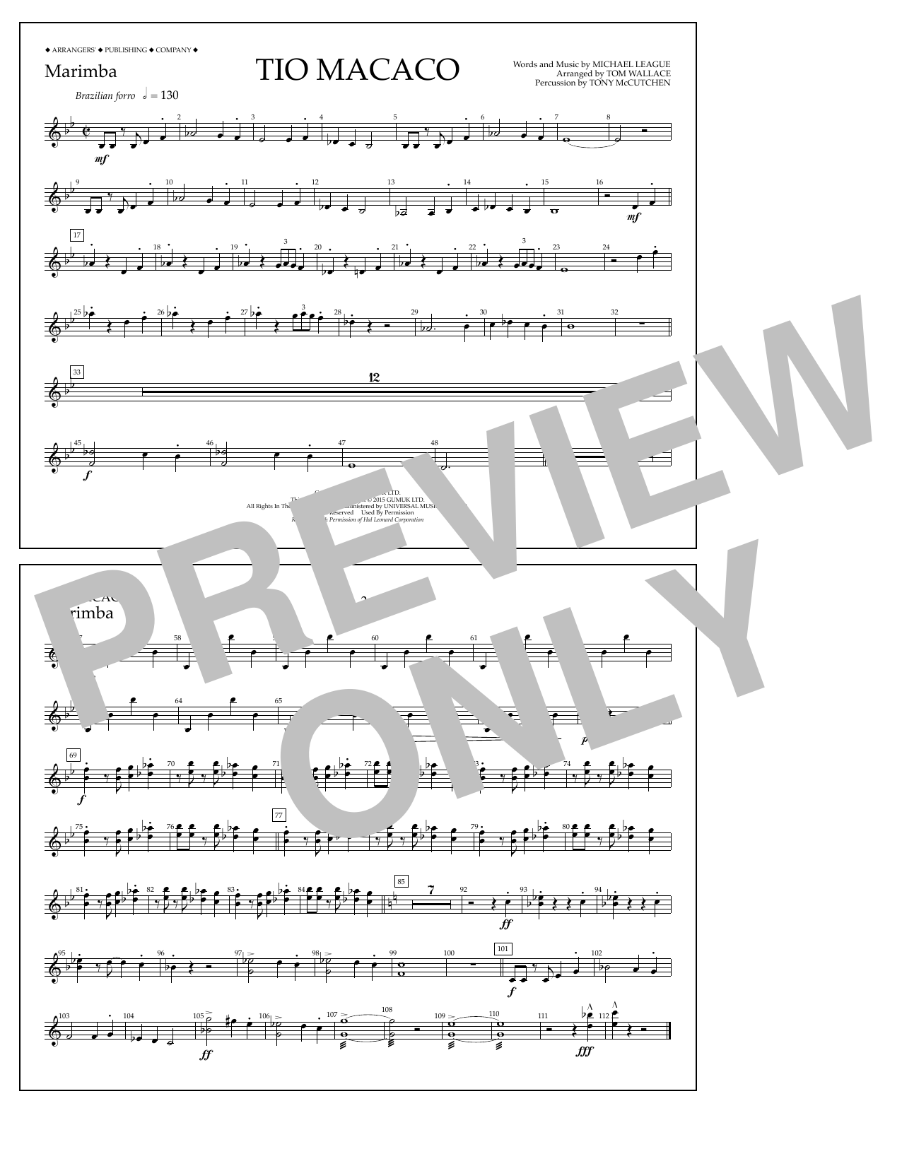 Tom Wallace Tio Macaco - Marimba Sheet Music Notes & Chords for Marching Band - Download or Print PDF
