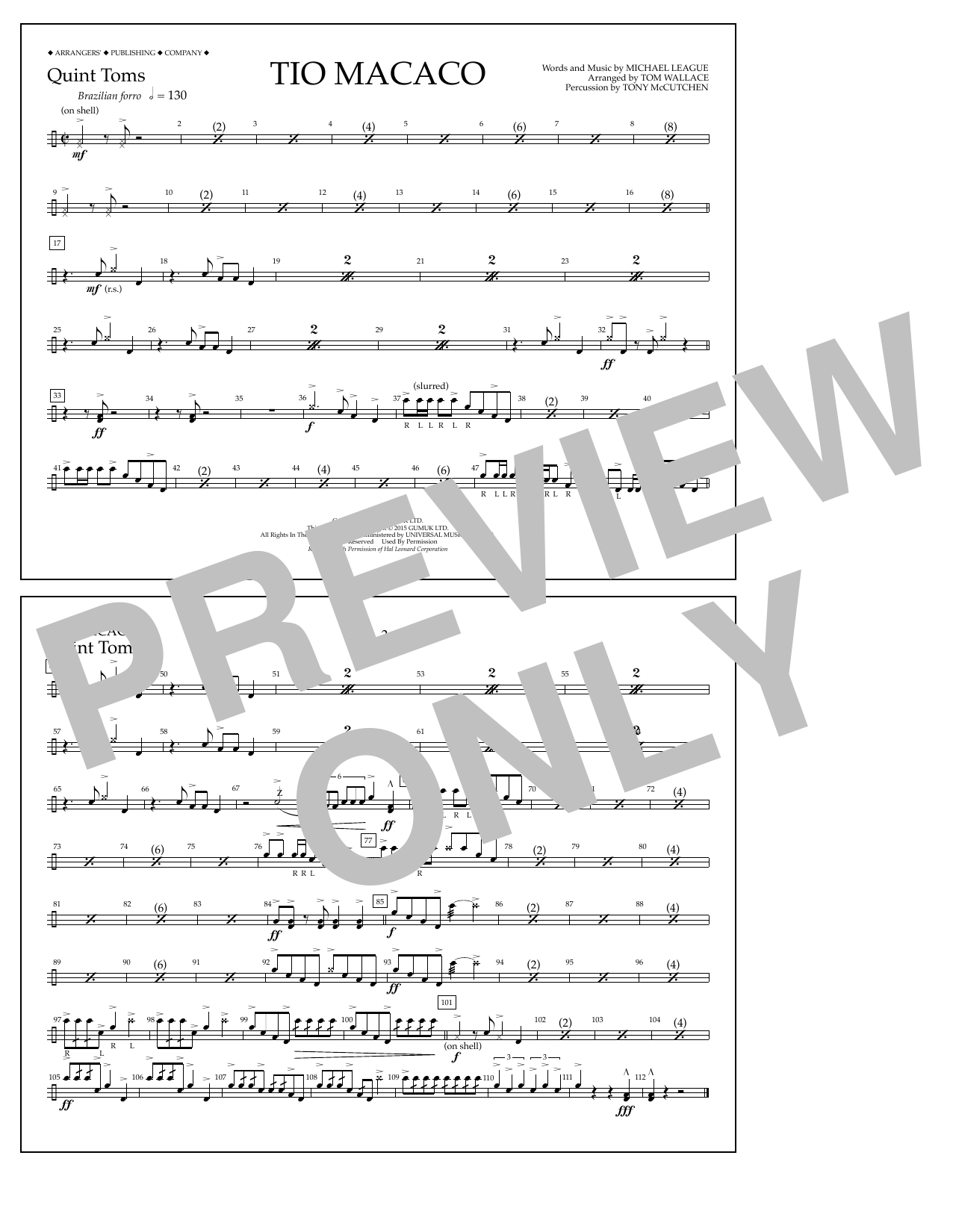 Tom Wallace Tio Macaco - Quint-Toms Sheet Music Notes & Chords for Marching Band - Download or Print PDF
