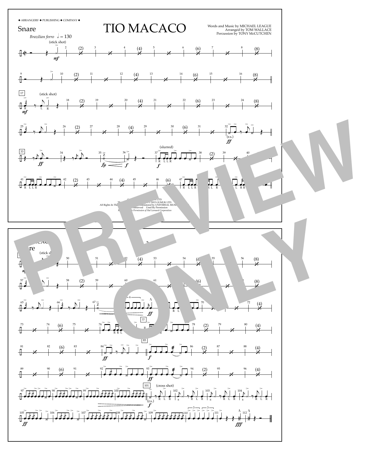Tom Wallace Tio Macaco - Snare Sheet Music Notes & Chords for Marching Band - Download or Print PDF