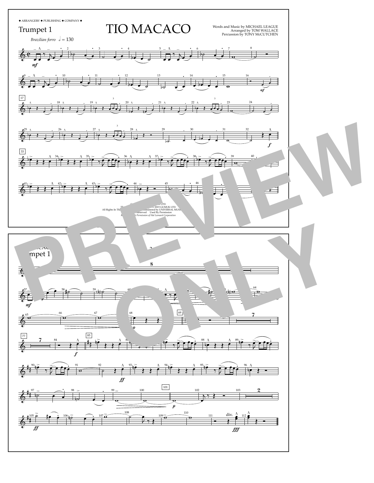 Tom Wallace Tio Macaco - Trumpet 1 Sheet Music Notes & Chords for Marching Band - Download or Print PDF