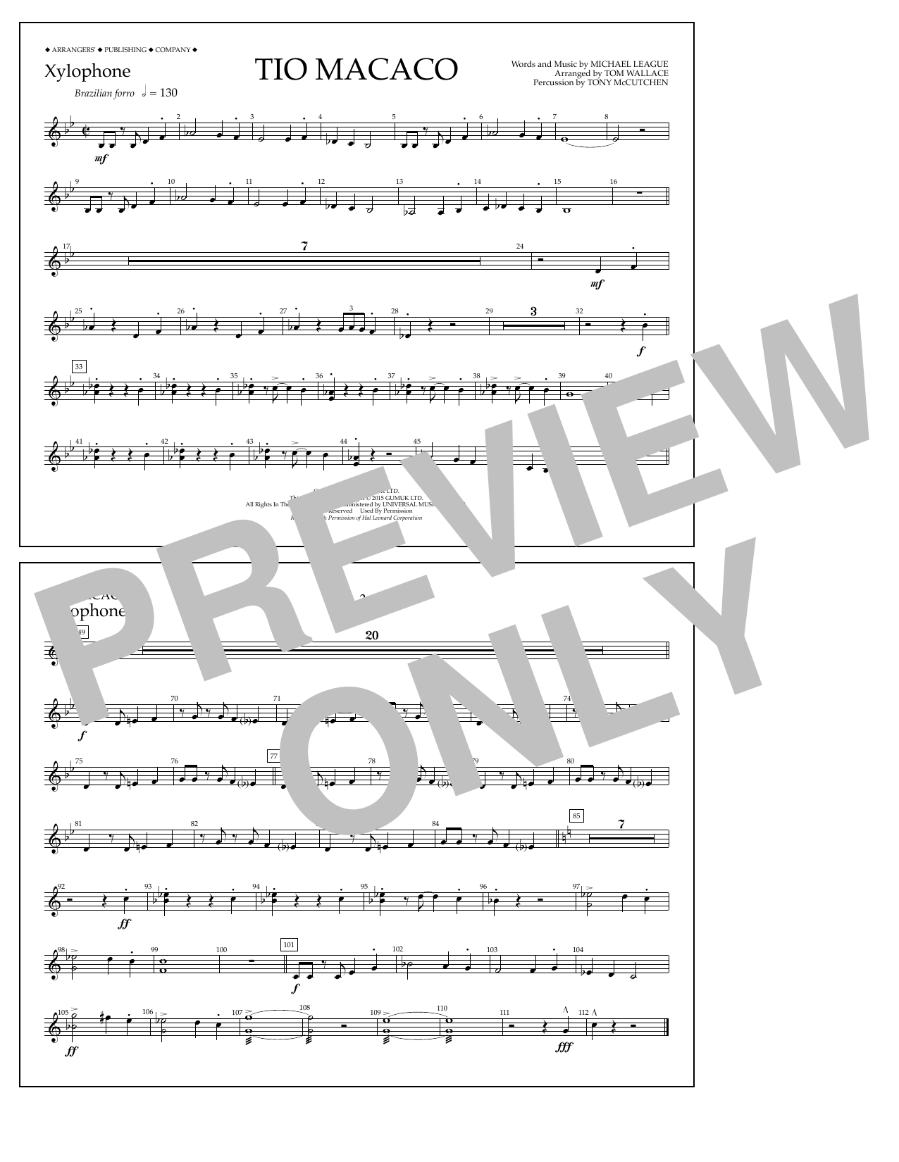 Tom Wallace Tio Macaco - Xylophone Sheet Music Notes & Chords for Marching Band - Download or Print PDF