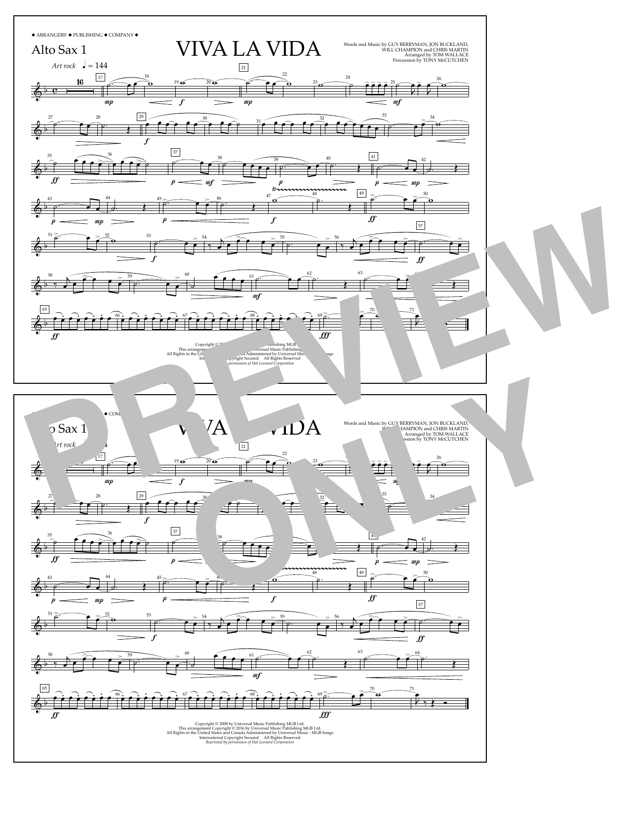 Tom Wallace Viva La Vida - Alto Sax 1 Sheet Music Notes & Chords for Marching Band - Download or Print PDF