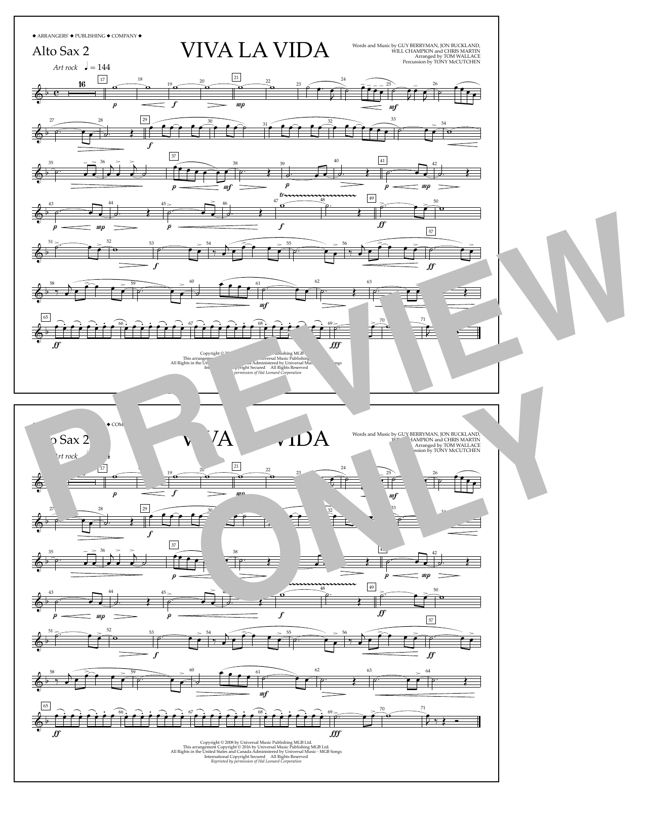 Tom Wallace Viva La Vida - Alto Sax 2 Sheet Music Notes & Chords for Marching Band - Download or Print PDF