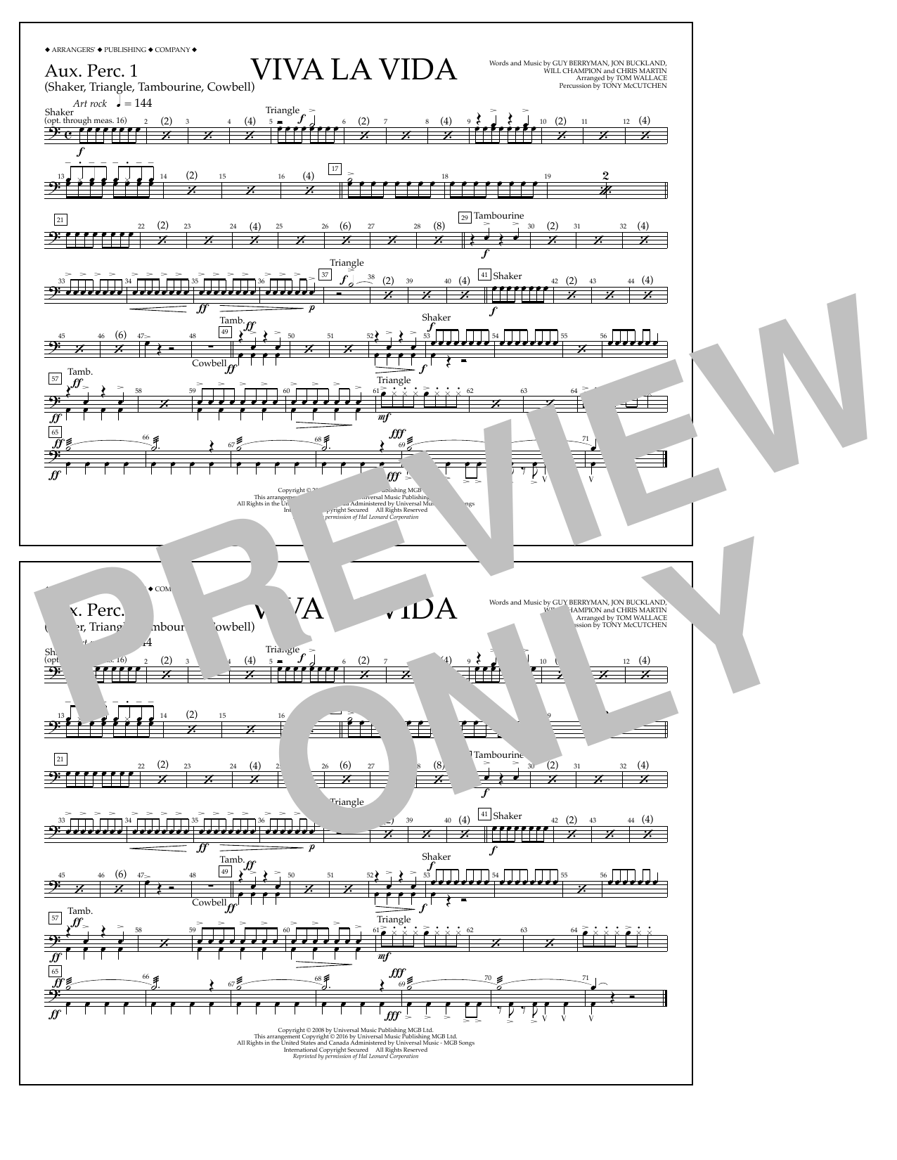 Tom Wallace Viva La Vida - Aux. Perc. 1 Sheet Music Notes & Chords for Marching Band - Download or Print PDF