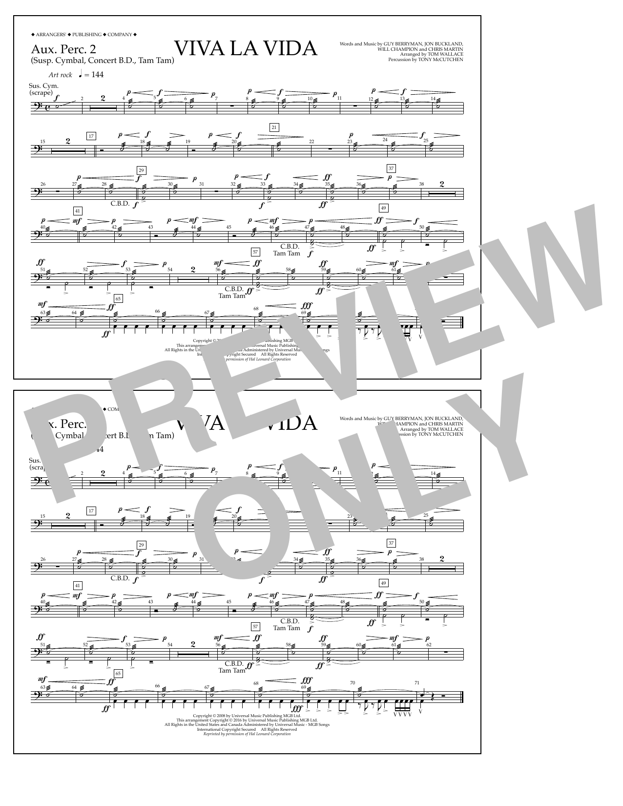 Tom Wallace Viva La Vida - Aux. Perc. 2 Sheet Music Notes & Chords for Marching Band - Download or Print PDF