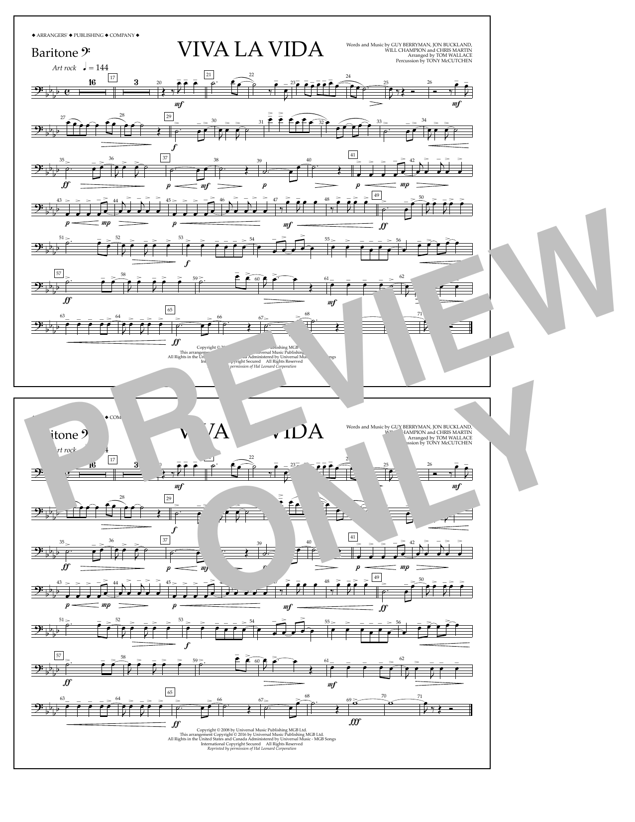 Tom Wallace Viva La Vida - Baritone B.C. Sheet Music Notes & Chords for Marching Band - Download or Print PDF