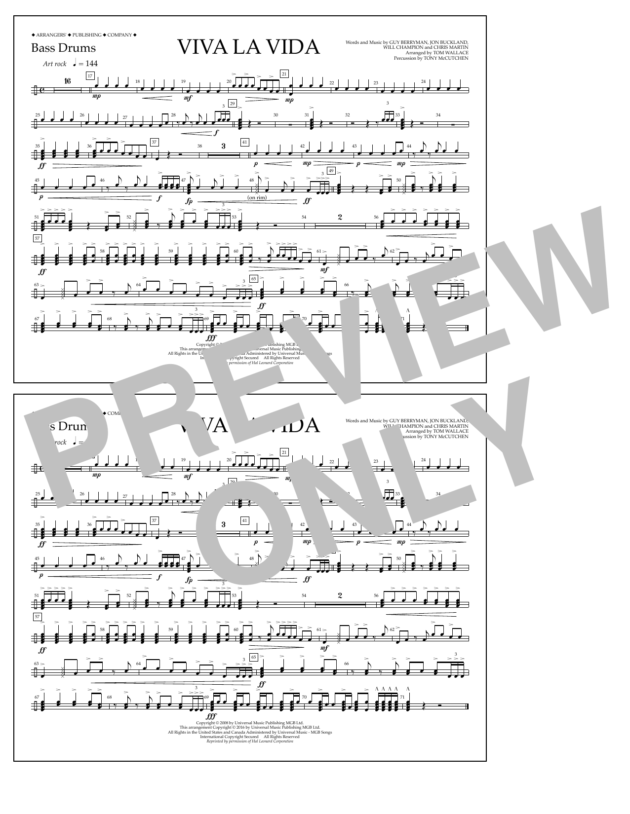 Tom Wallace Viva La Vida - Bass Drums Sheet Music Notes & Chords for Marching Band - Download or Print PDF