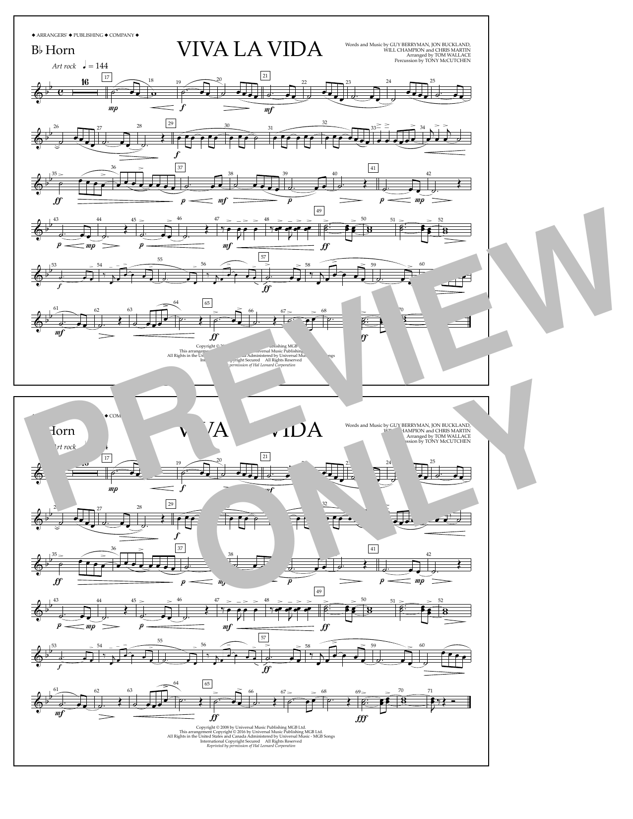 Tom Wallace Viva La Vida - Bb Horn Sheet Music Notes & Chords for Marching Band - Download or Print PDF