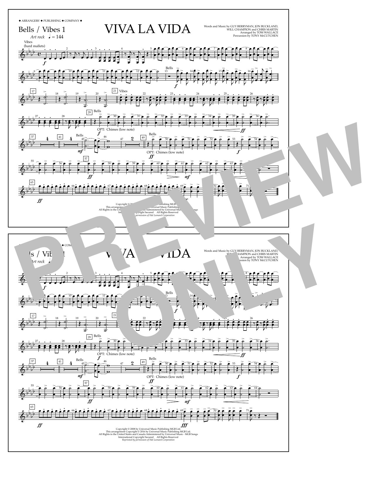 Tom Wallace Viva La Vida - Bells/Vibes 1 Sheet Music Notes & Chords for Marching Band - Download or Print PDF