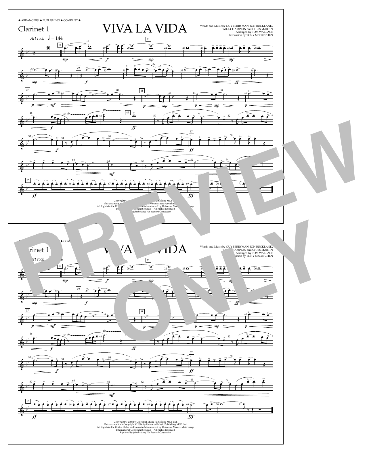 Tom Wallace Viva La Vida - Clarinet 1 Sheet Music Notes & Chords for Marching Band - Download or Print PDF