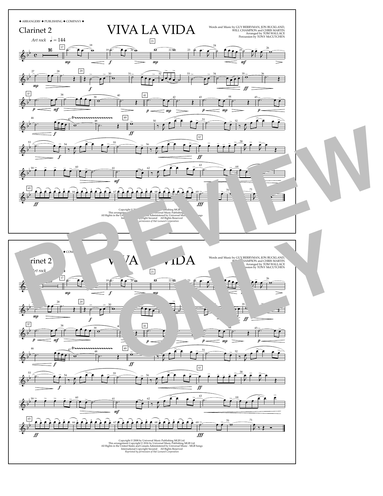 Tom Wallace Viva La Vida - Clarinet 2 Sheet Music Notes & Chords for Marching Band - Download or Print PDF