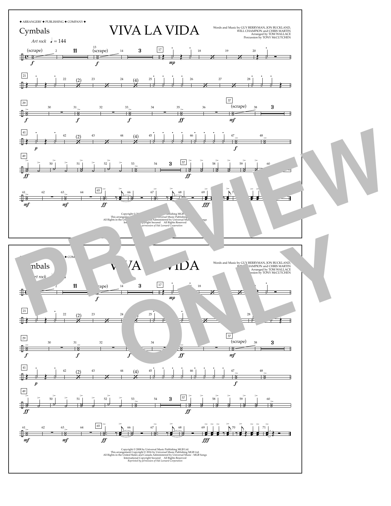 Tom Wallace Viva La Vida - Cymbals Sheet Music Notes & Chords for Marching Band - Download or Print PDF