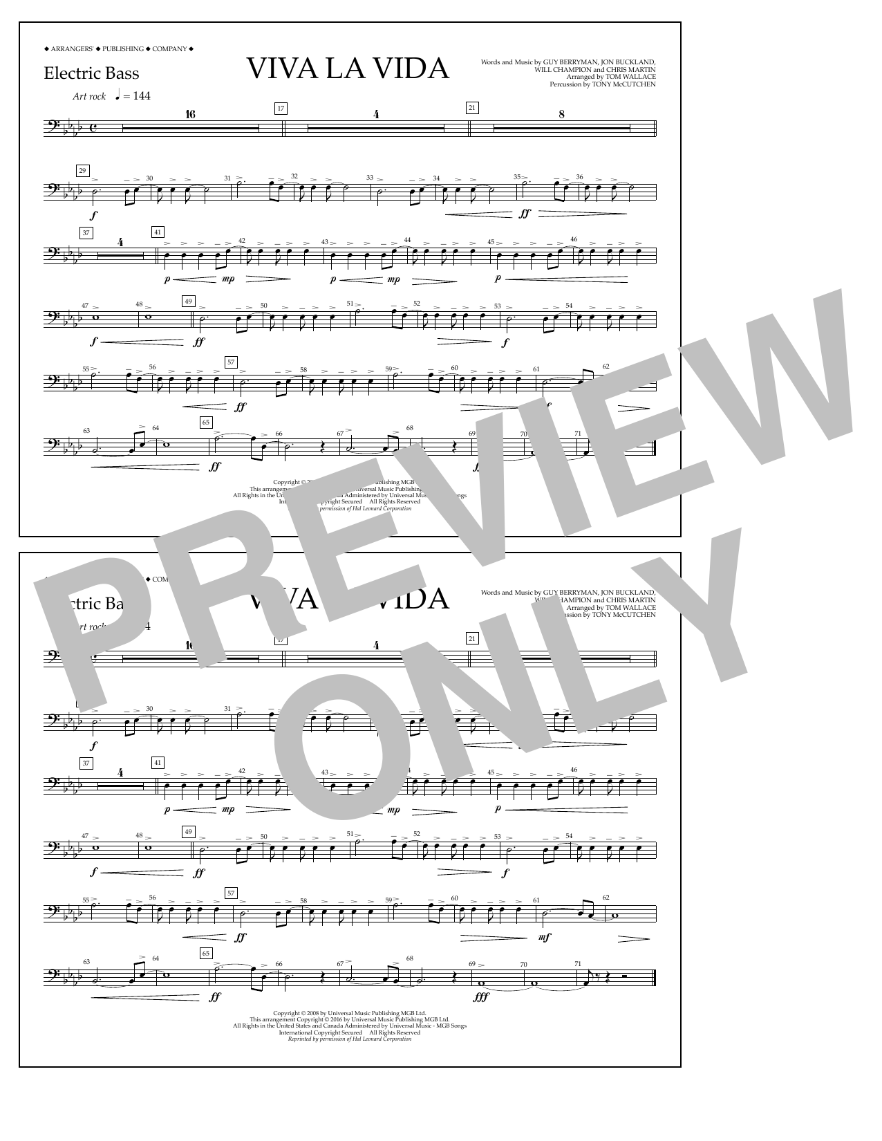 Tom Wallace Viva La Vida - Electric Bass Sheet Music Notes & Chords for Marching Band - Download or Print PDF