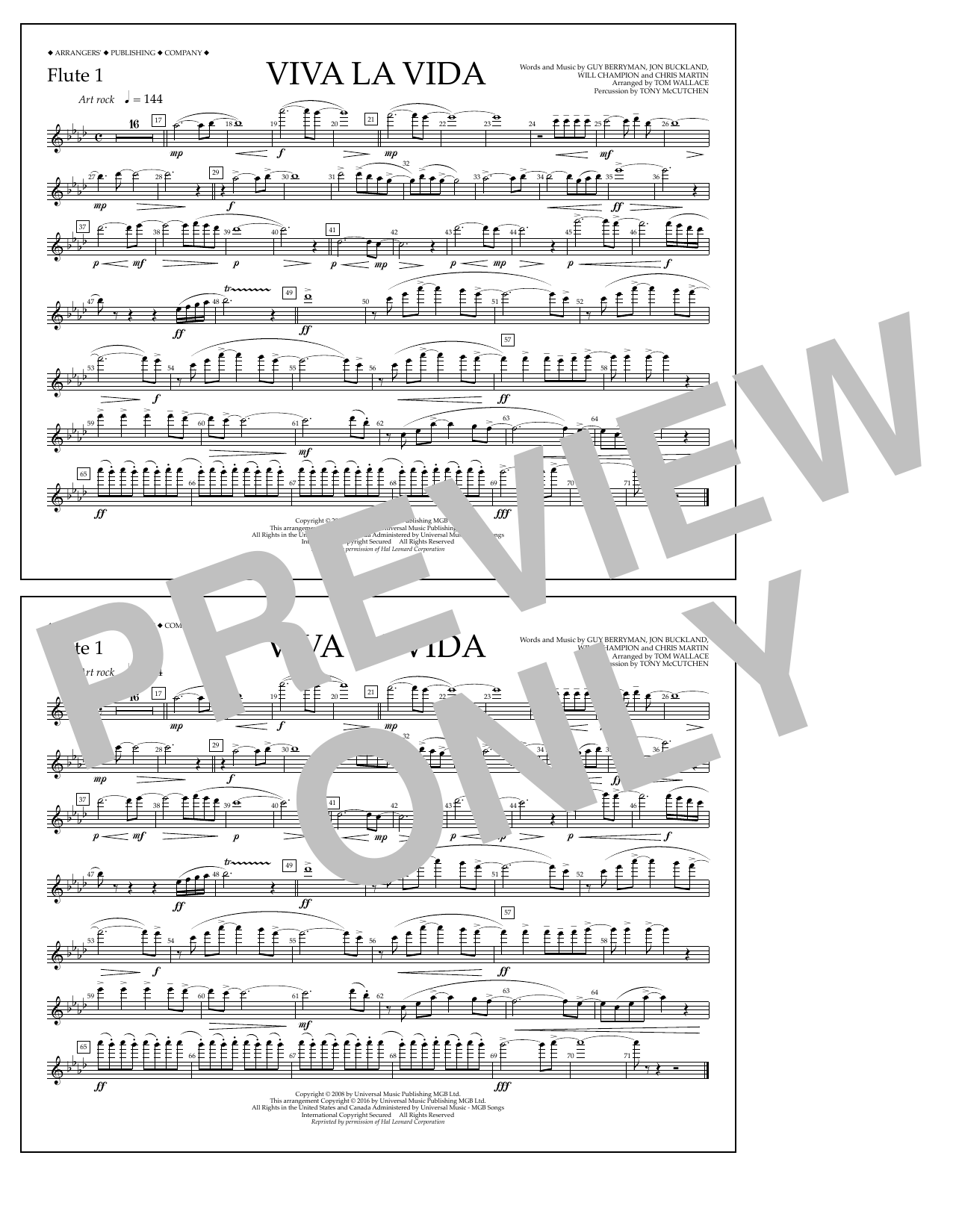 Tom Wallace Viva La Vida - Flute 1 Sheet Music Notes & Chords for Marching Band - Download or Print PDF