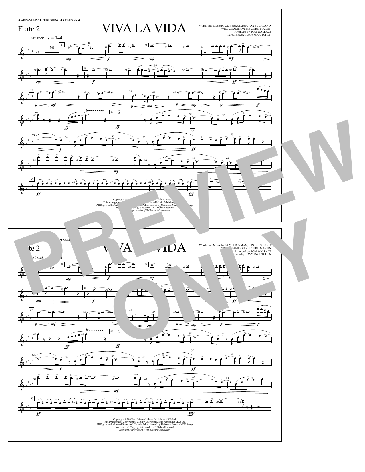 Tom Wallace Viva La Vida - Flute 2 Sheet Music Notes & Chords for Marching Band - Download or Print PDF