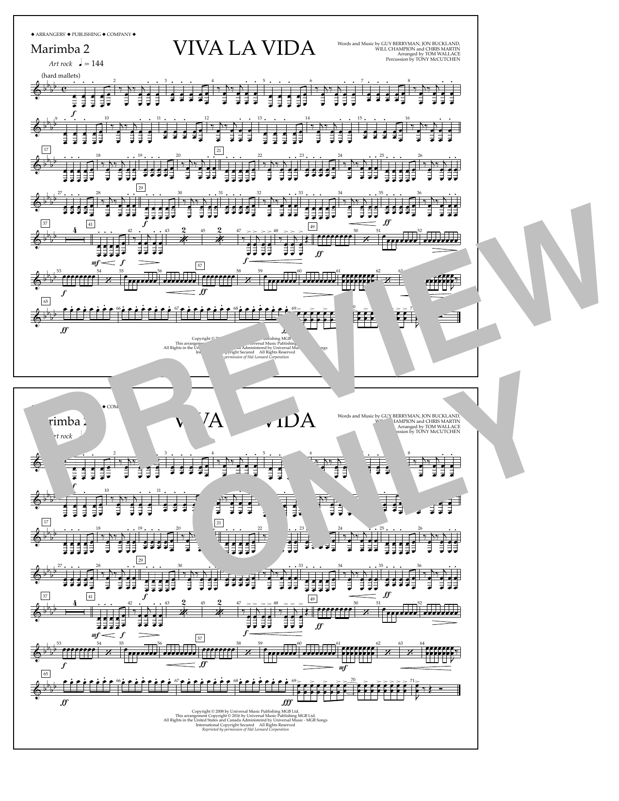 Tom Wallace Viva La Vida - Marimba 2 Sheet Music Notes & Chords for Marching Band - Download or Print PDF