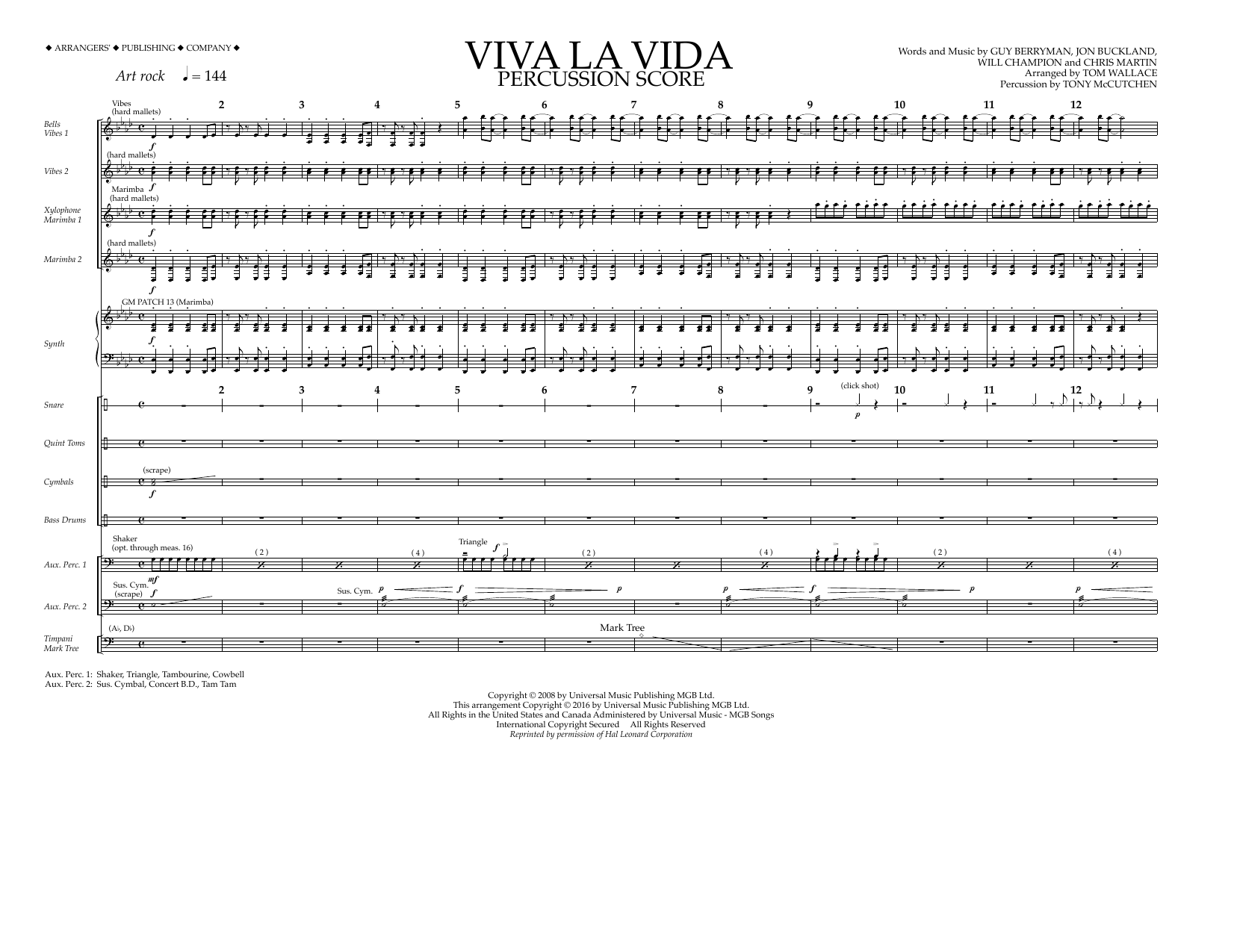 Tom Wallace Viva La Vida - Percussion Score Sheet Music Notes & Chords for Marching Band - Download or Print PDF