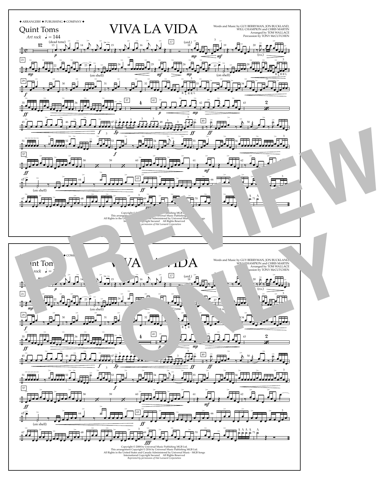 Tom Wallace Viva La Vida - Quint-Toms Sheet Music Notes & Chords for Marching Band - Download or Print PDF