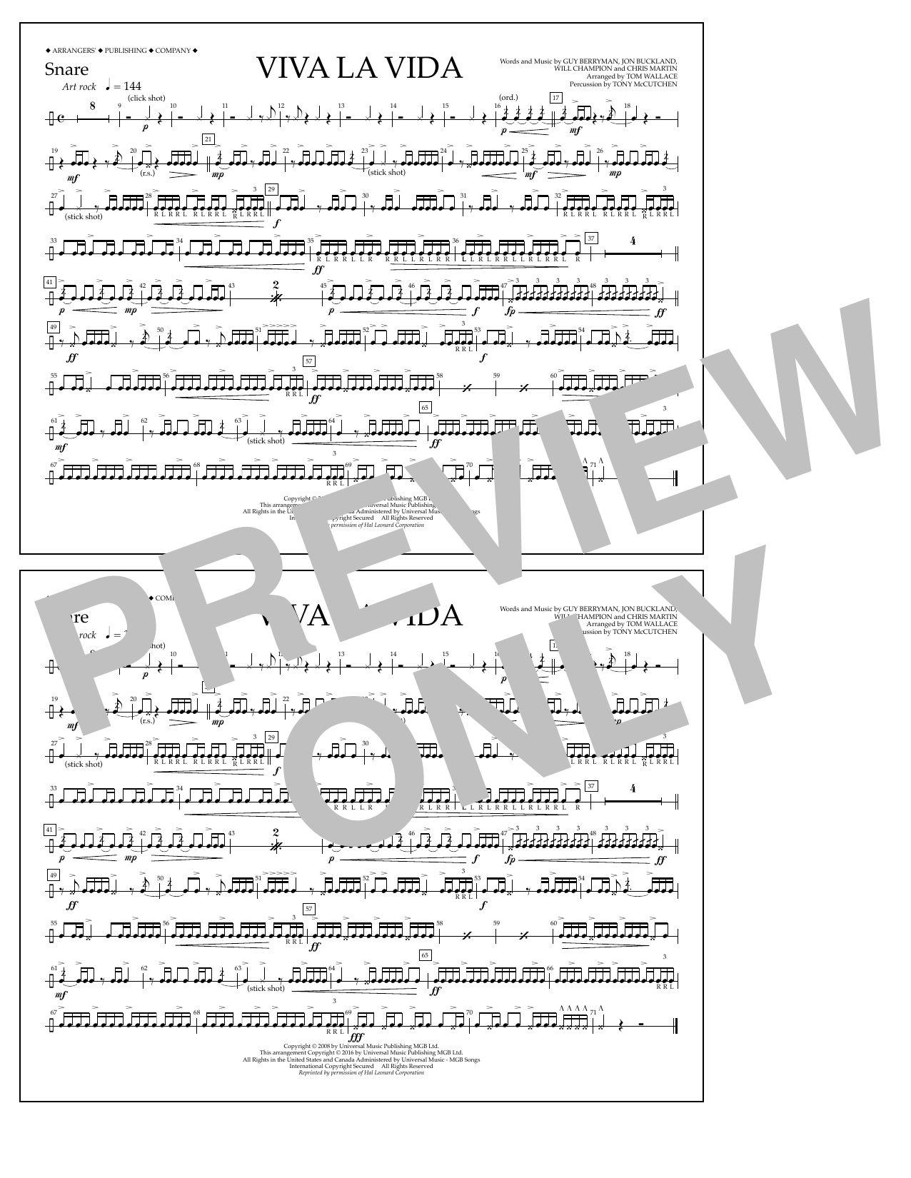 Tom Wallace Viva La Vida - Snare Sheet Music Notes & Chords for Marching Band - Download or Print PDF