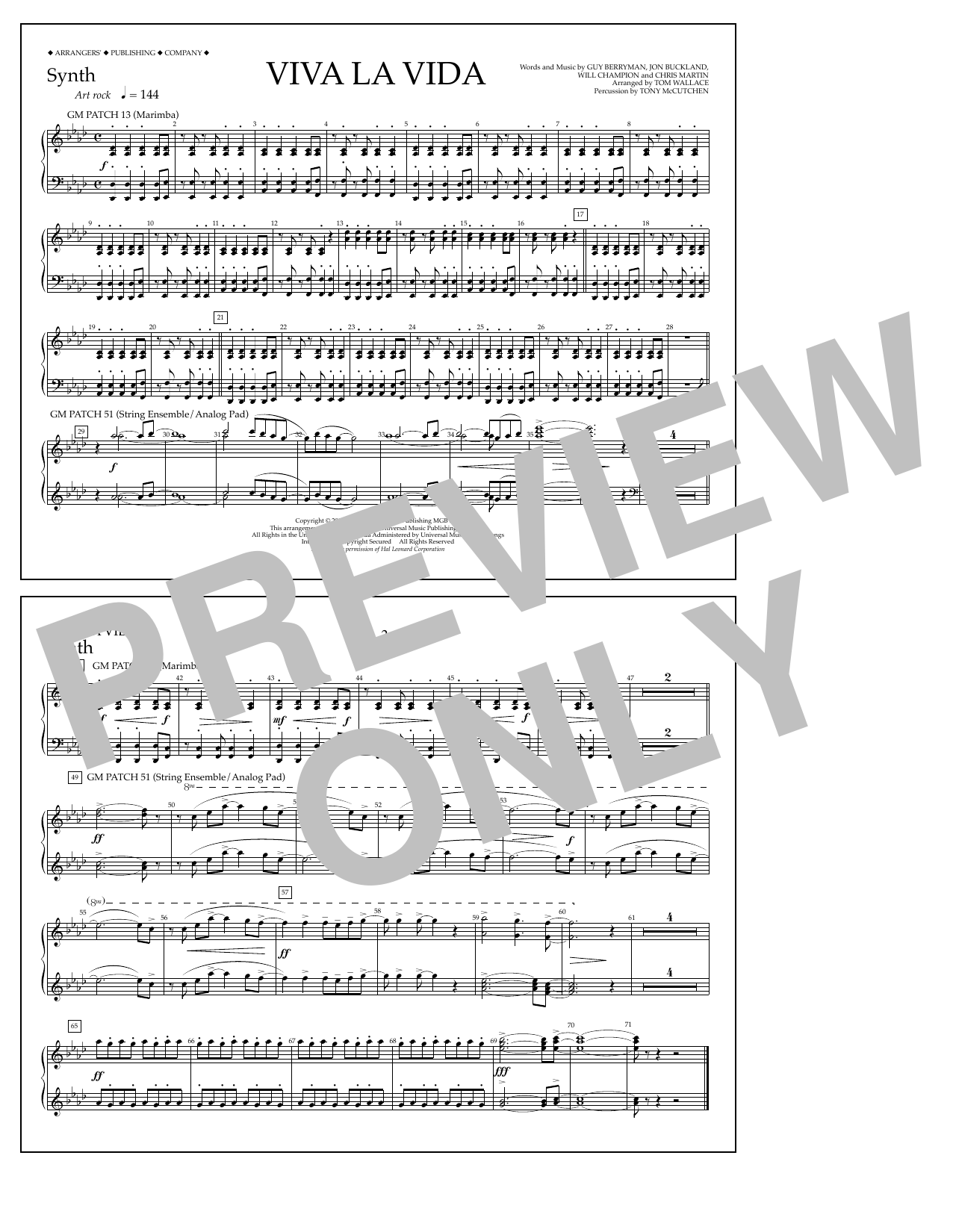Tom Wallace Viva La Vida - Synthesizer Sheet Music Notes & Chords for Marching Band - Download or Print PDF