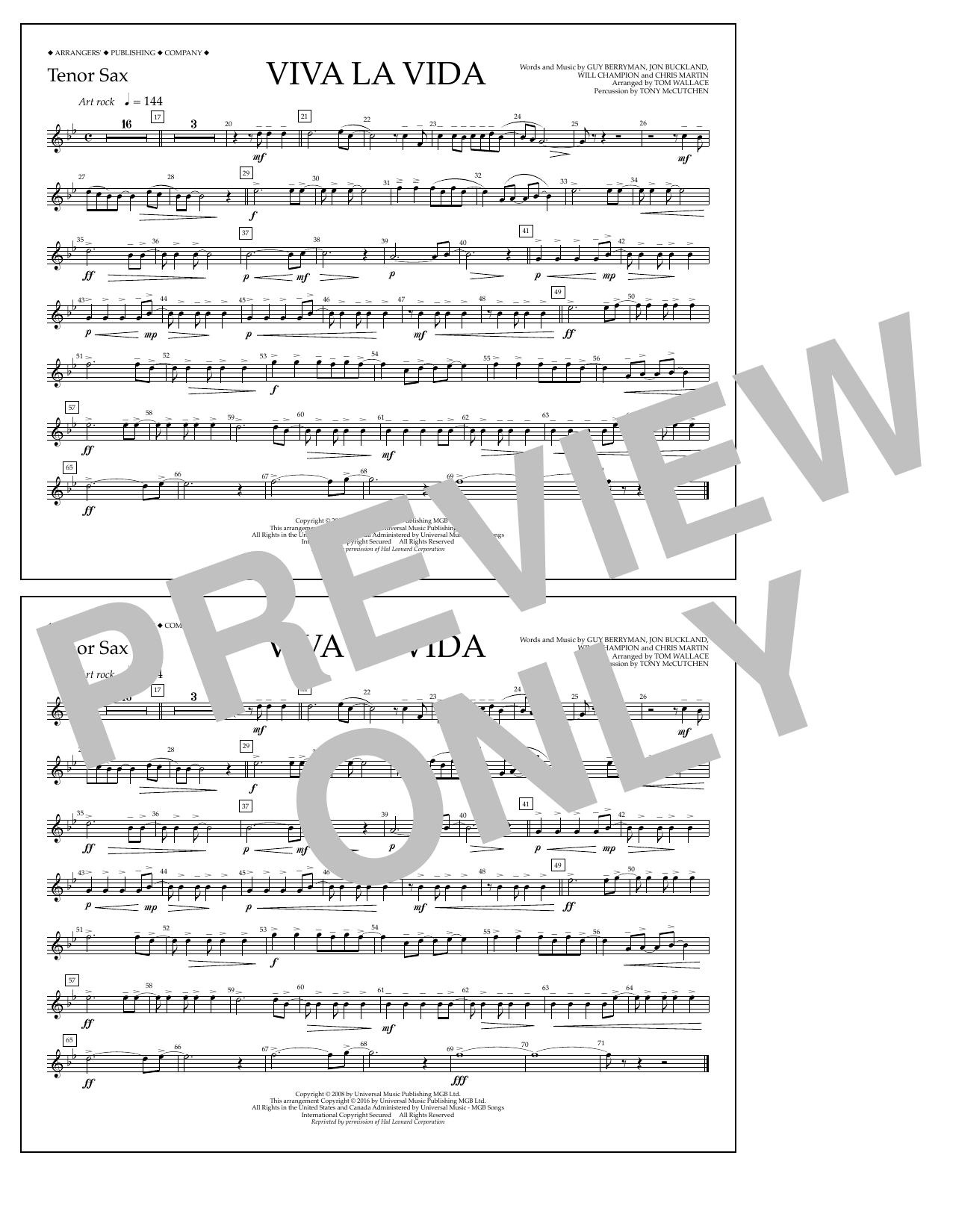 Tom Wallace Viva La Vida - Tenor Sax Sheet Music Notes & Chords for Marching Band - Download or Print PDF