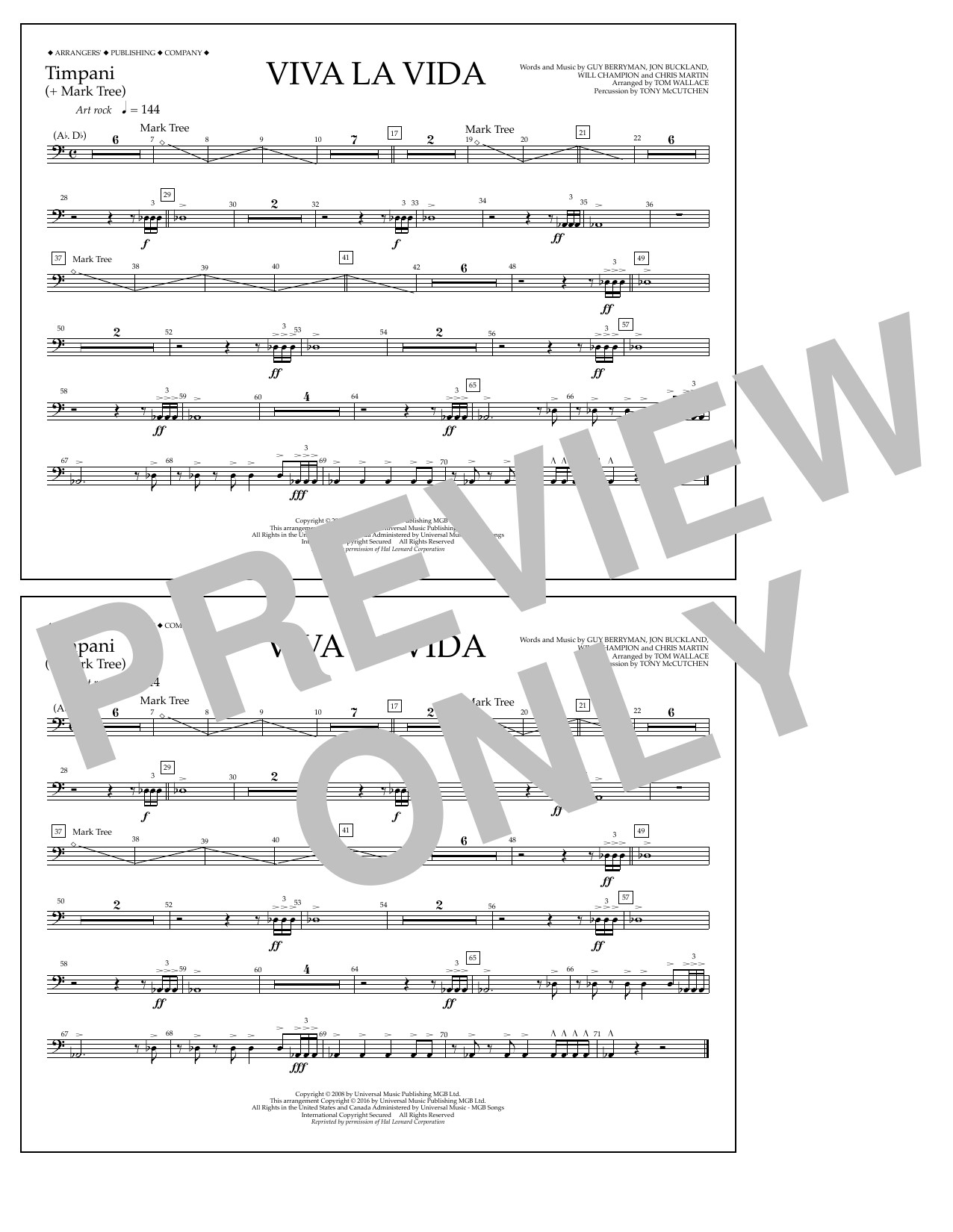 Tom Wallace Viva La Vida - Timpani Sheet Music Notes & Chords for Marching Band - Download or Print PDF