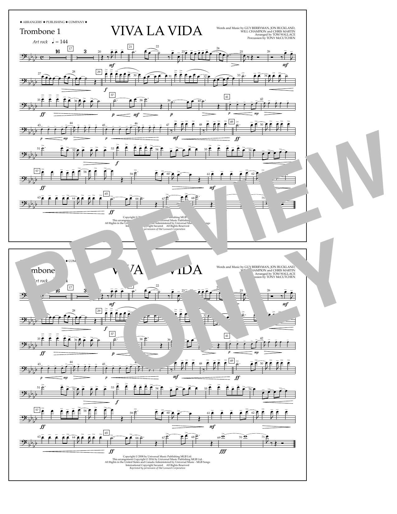 Tom Wallace Viva La Vida - Trombone 1 Sheet Music Notes & Chords for Marching Band - Download or Print PDF