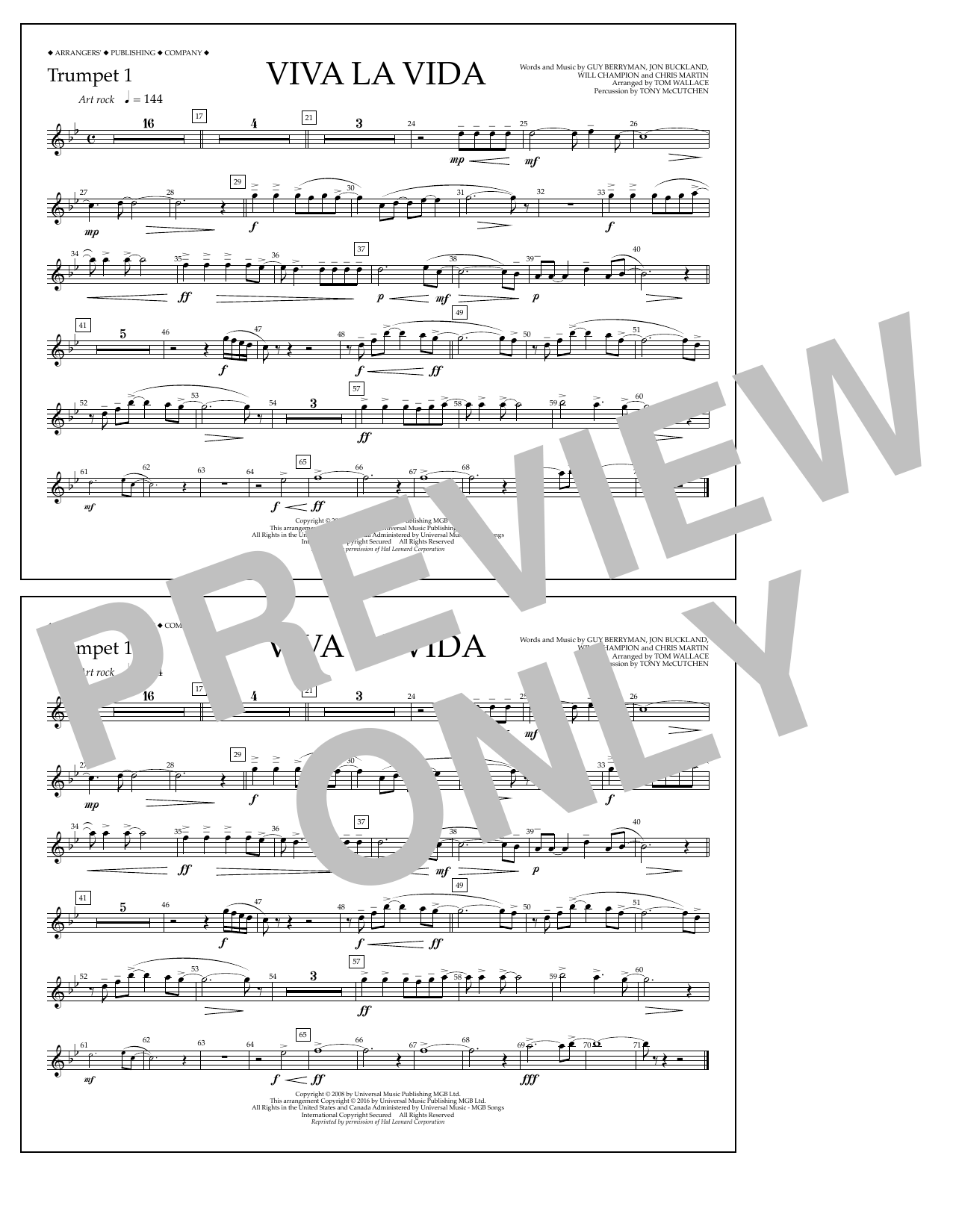 Tom Wallace Viva La Vida - Trumpet 1 Sheet Music Notes & Chords for Marching Band - Download or Print PDF