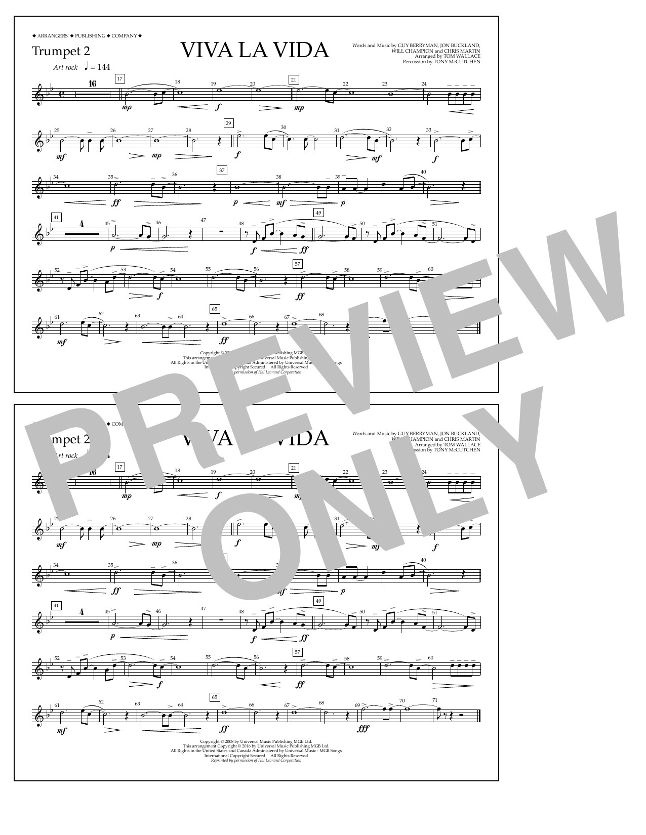 Tom Wallace Viva La Vida - Trumpet 2 Sheet Music Notes & Chords for Marching Band - Download or Print PDF
