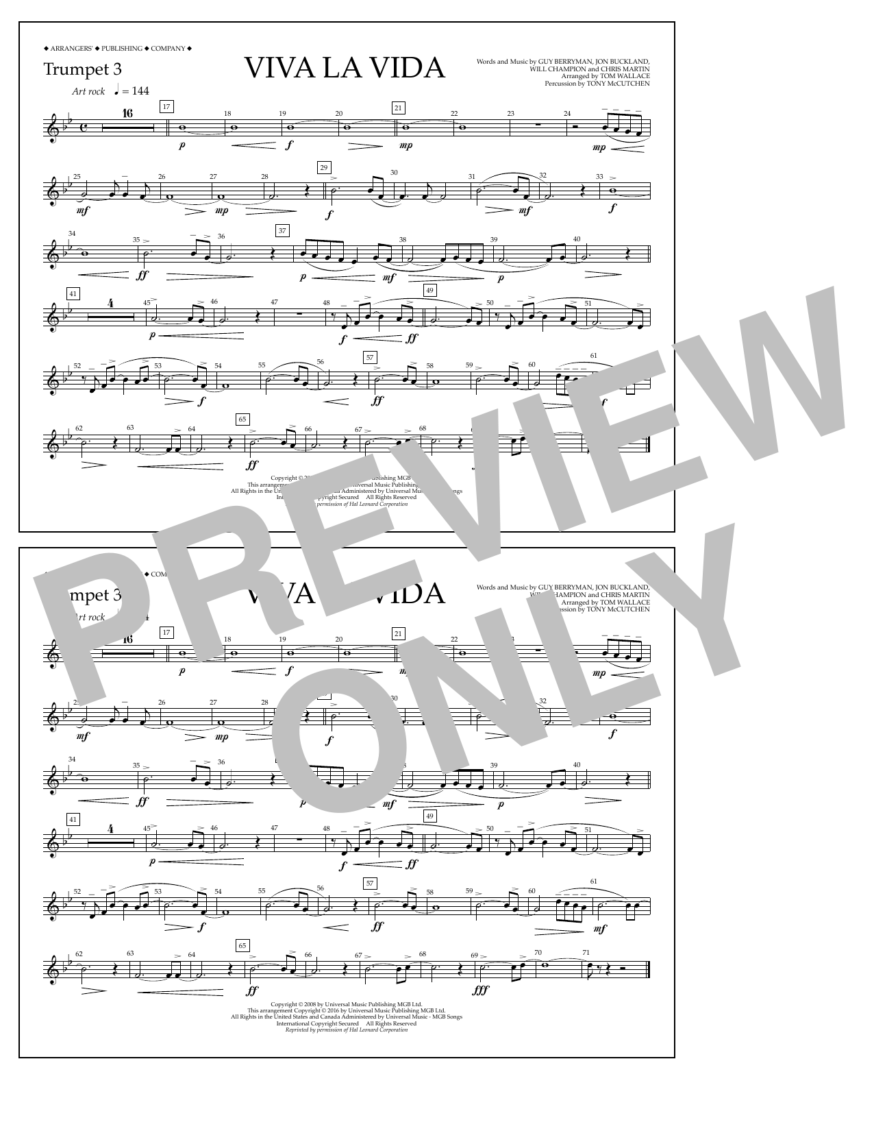 Tom Wallace Viva La Vida - Trumpet 3 Sheet Music Notes & Chords for Marching Band - Download or Print PDF