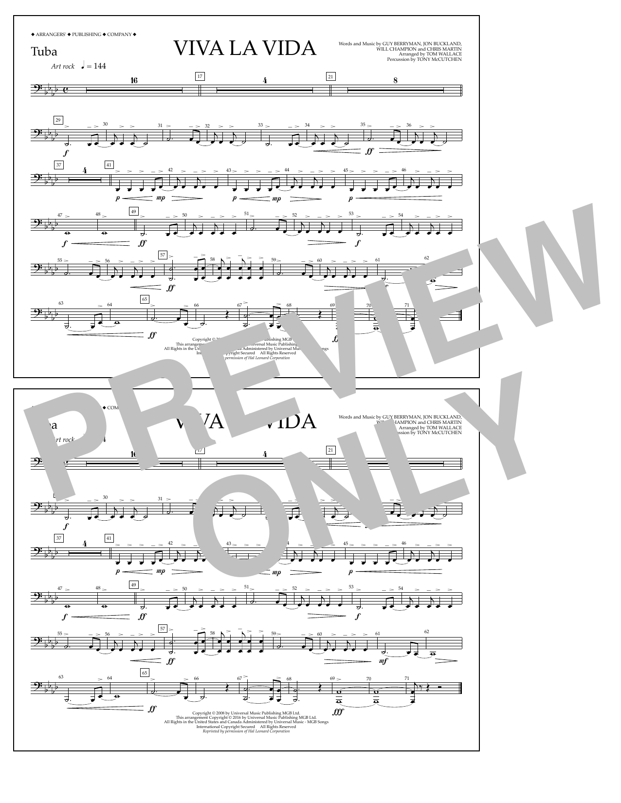 Tom Wallace Viva La Vida - Tuba Sheet Music Notes & Chords for Marching Band - Download or Print PDF