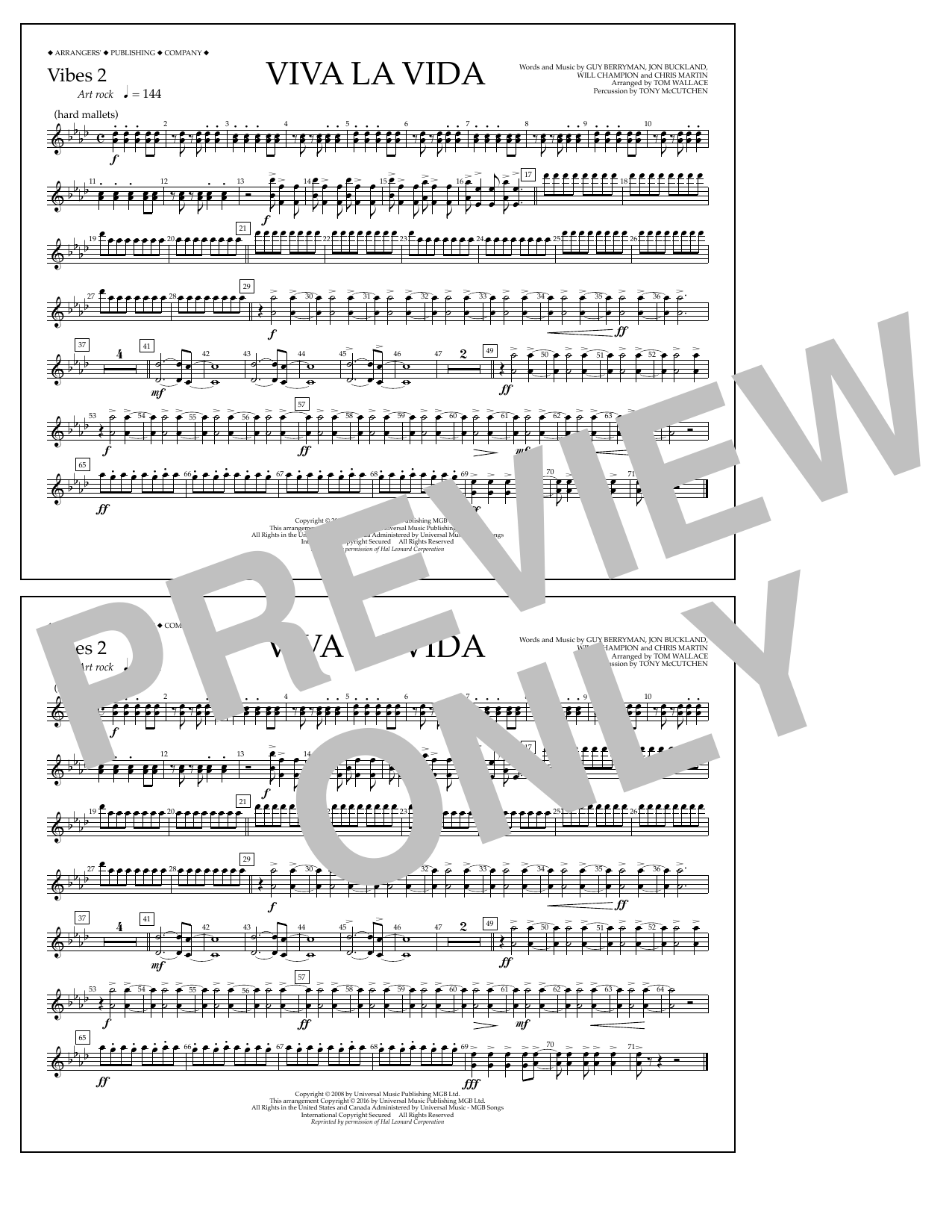 Tom Wallace Viva La Vida - Vibes 2 Sheet Music Notes & Chords for Marching Band - Download or Print PDF
