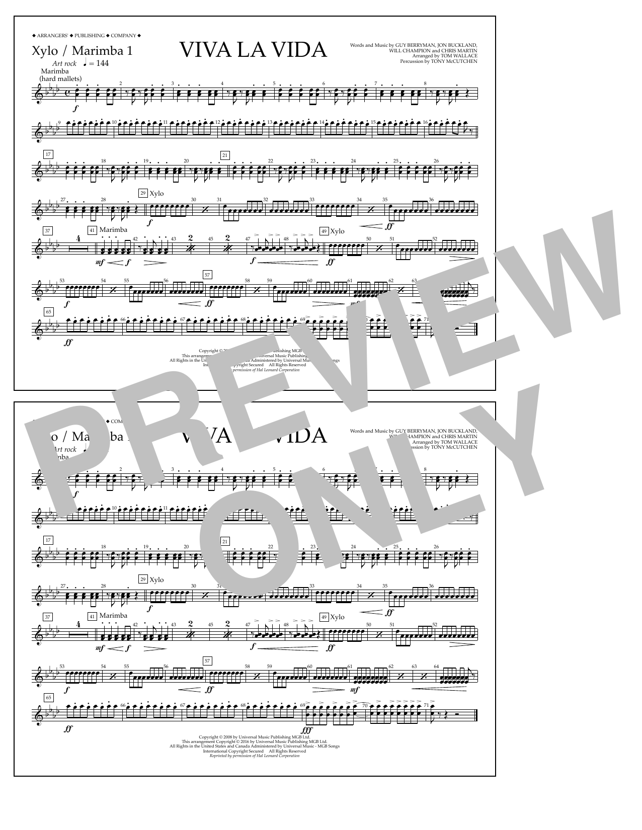 Tom Wallace Viva La Vida - Xylo./Marimba 1 Sheet Music Notes & Chords for Marching Band - Download or Print PDF