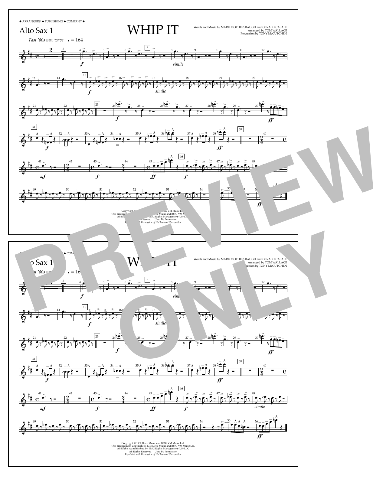 Tom Wallace Whip It - Alto Sax 1 Sheet Music Notes & Chords for Marching Band - Download or Print PDF