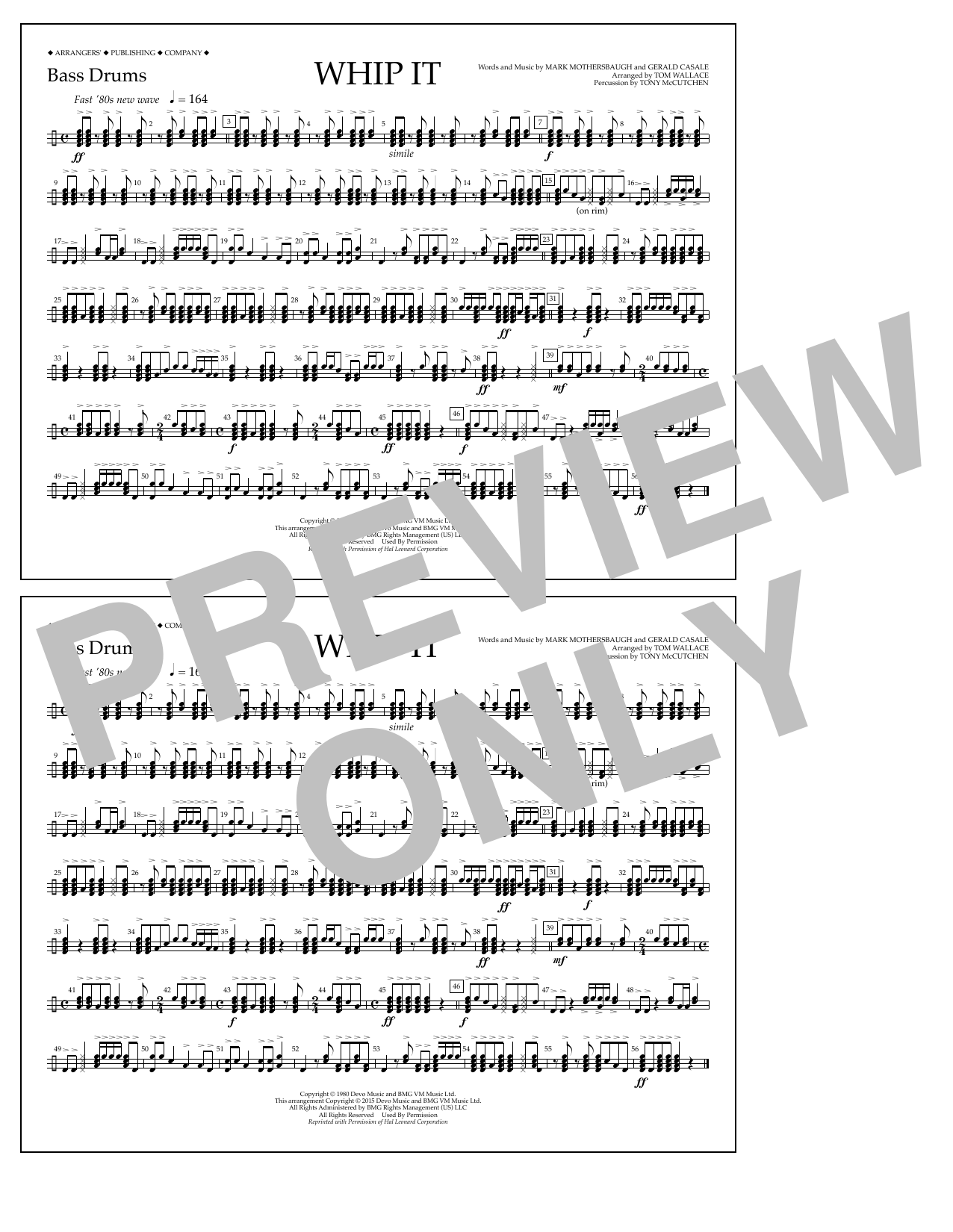 Tom Wallace Whip It - Bass Drums Sheet Music Notes & Chords for Marching Band - Download or Print PDF
