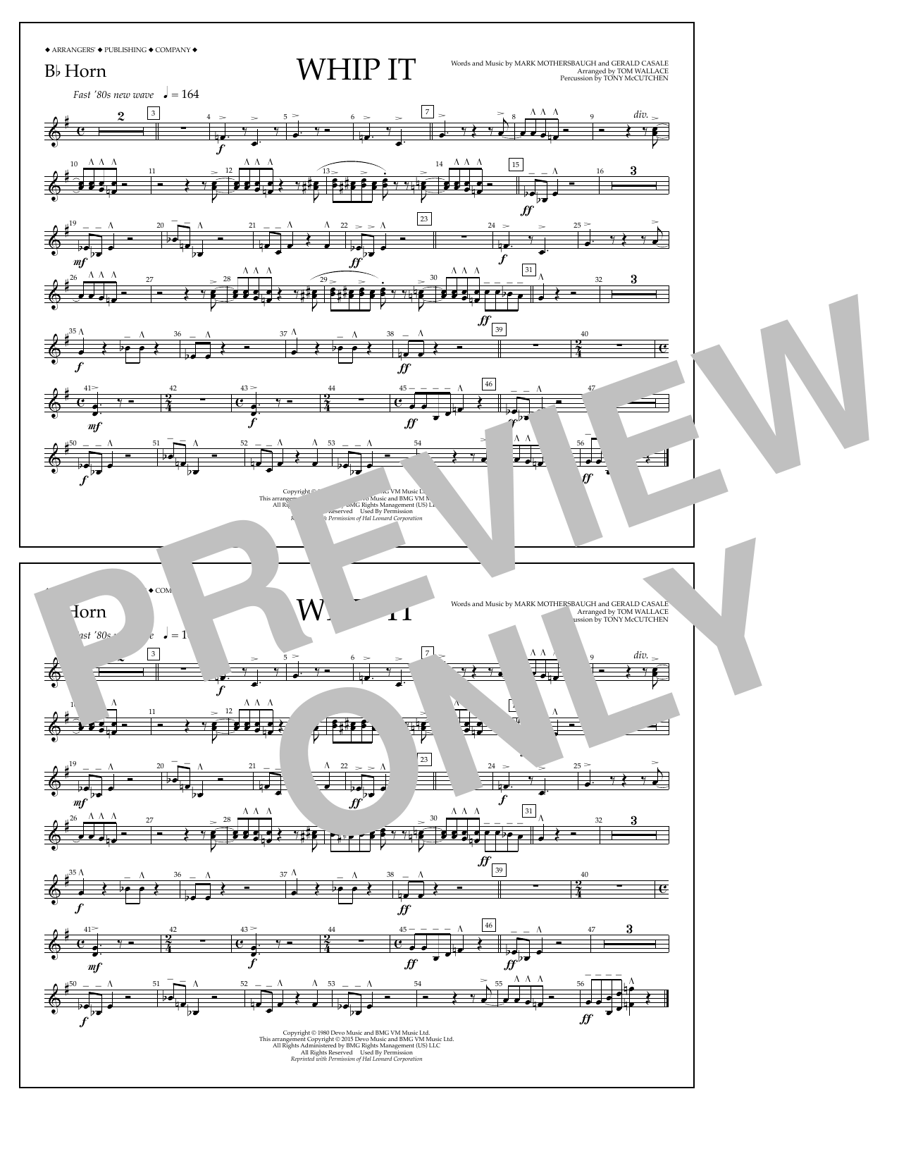 Tom Wallace Whip It - Bb Horn Sheet Music Notes & Chords for Marching Band - Download or Print PDF