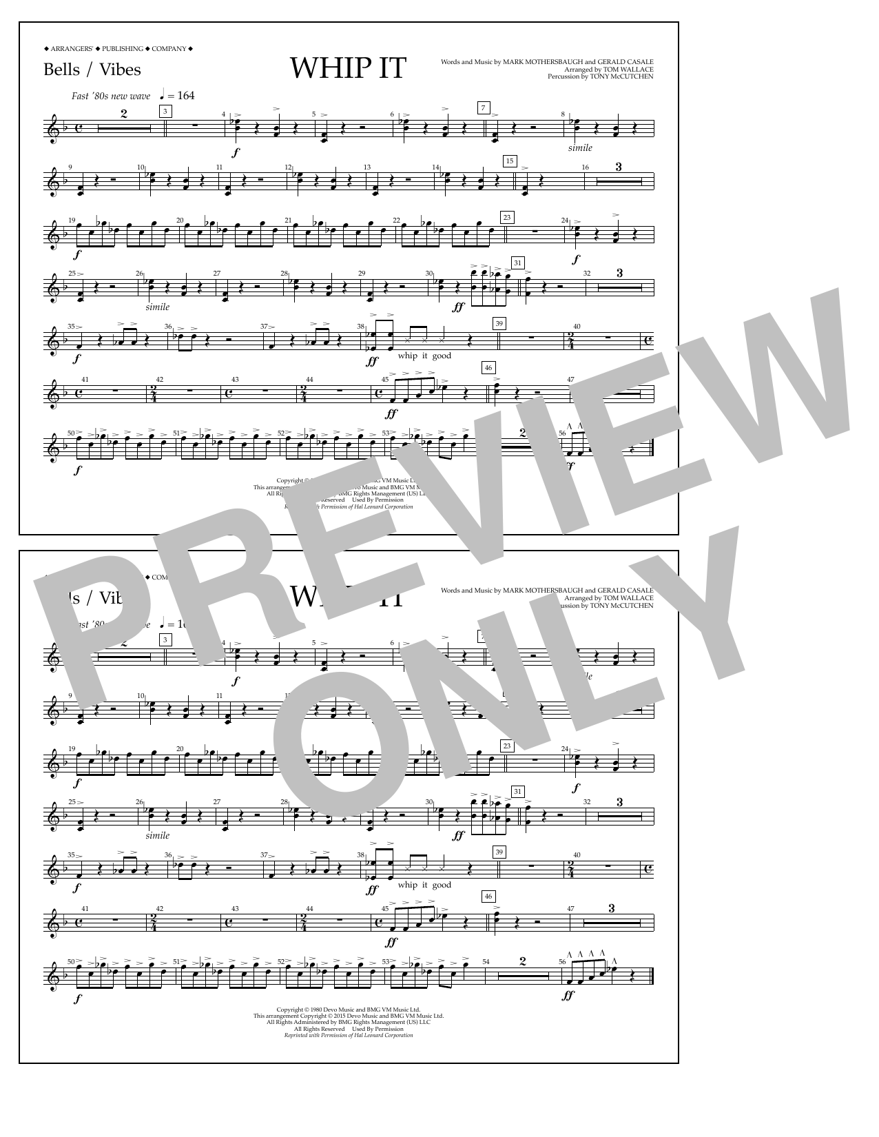 Tom Wallace Whip It - Bells/Vibes Sheet Music Notes & Chords for Marching Band - Download or Print PDF