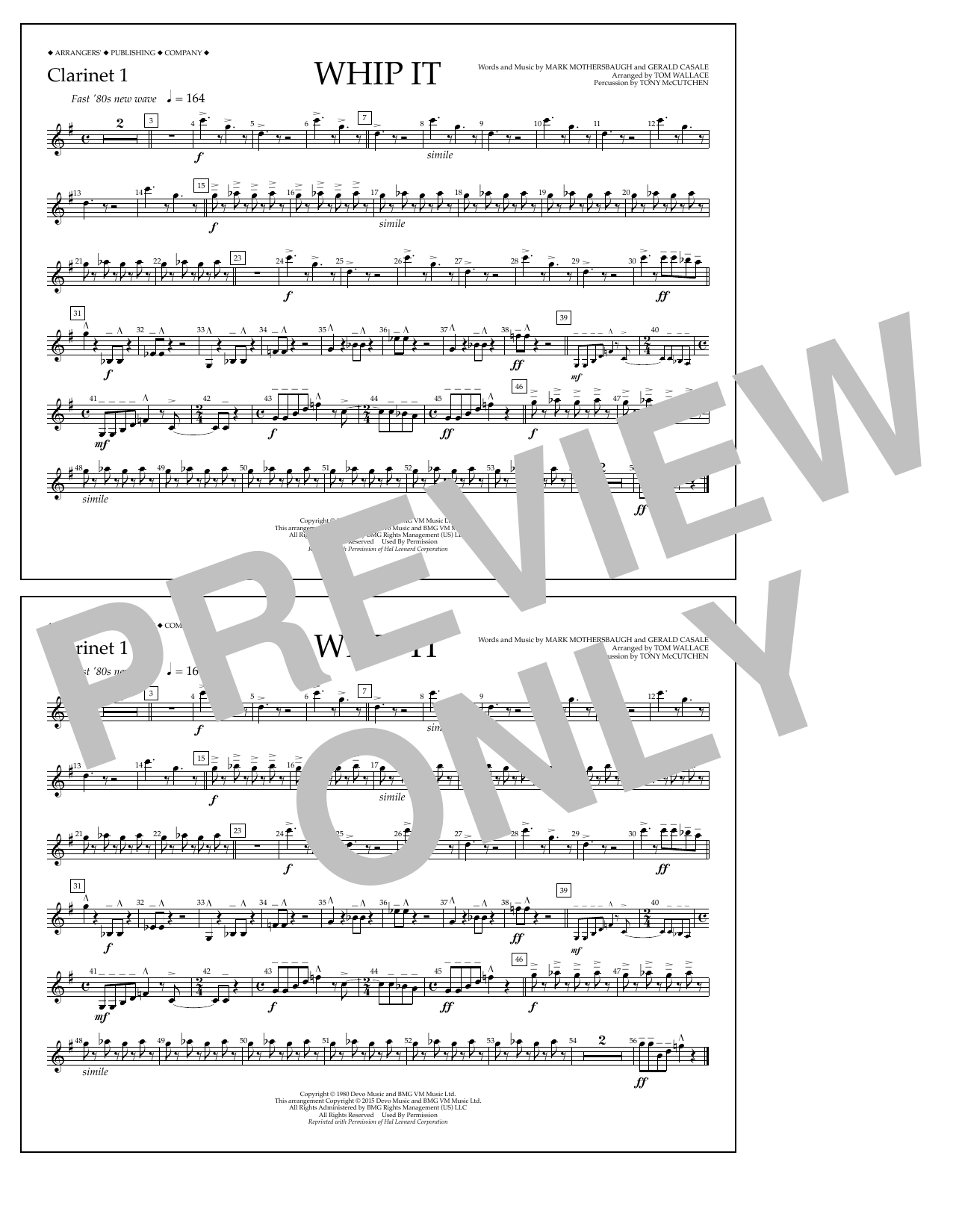 Tom Wallace Whip It - Clarinet 1 Sheet Music Notes & Chords for Marching Band - Download or Print PDF