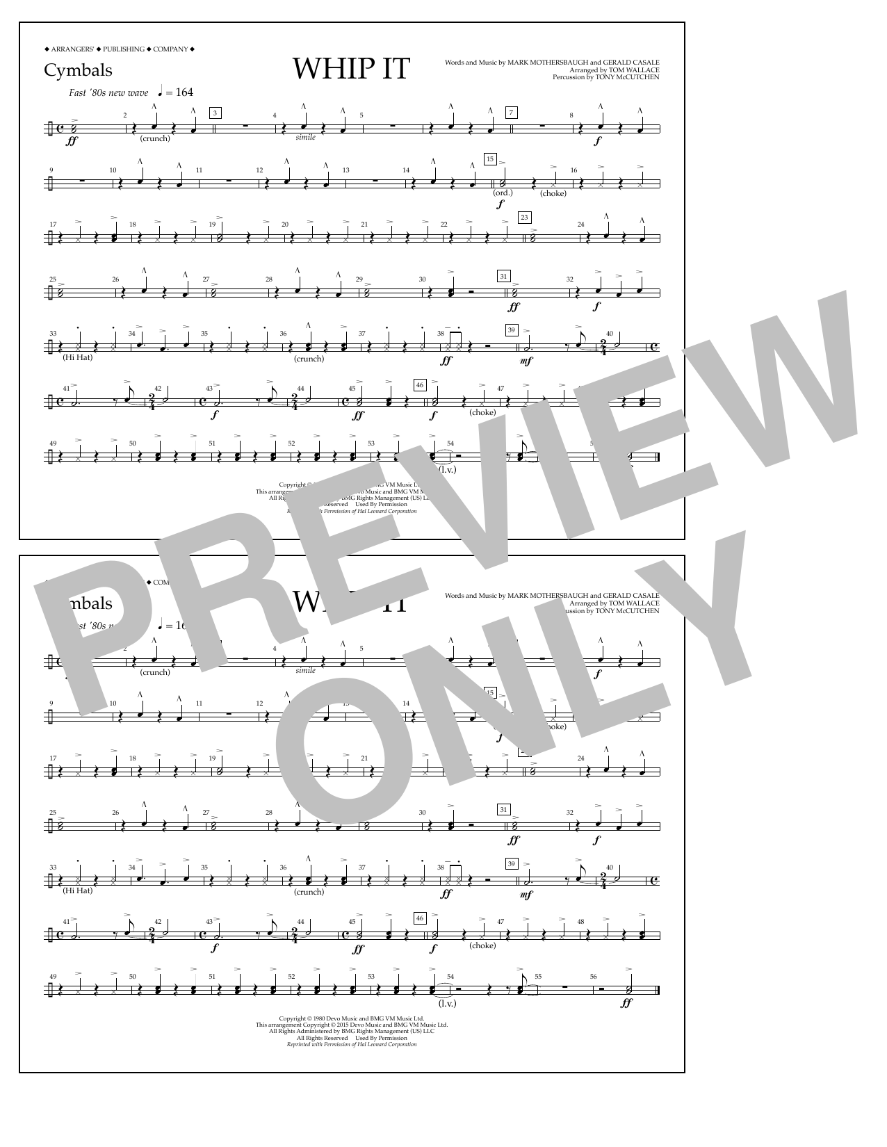 Tom Wallace Whip It - Cymbals Sheet Music Notes & Chords for Marching Band - Download or Print PDF