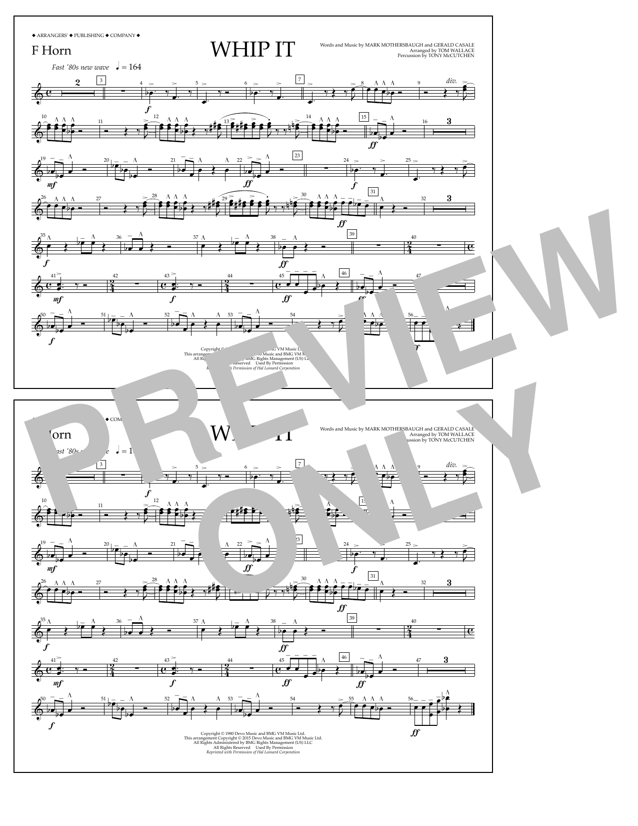 Tom Wallace Whip It - F Horn Sheet Music Notes & Chords for Marching Band - Download or Print PDF