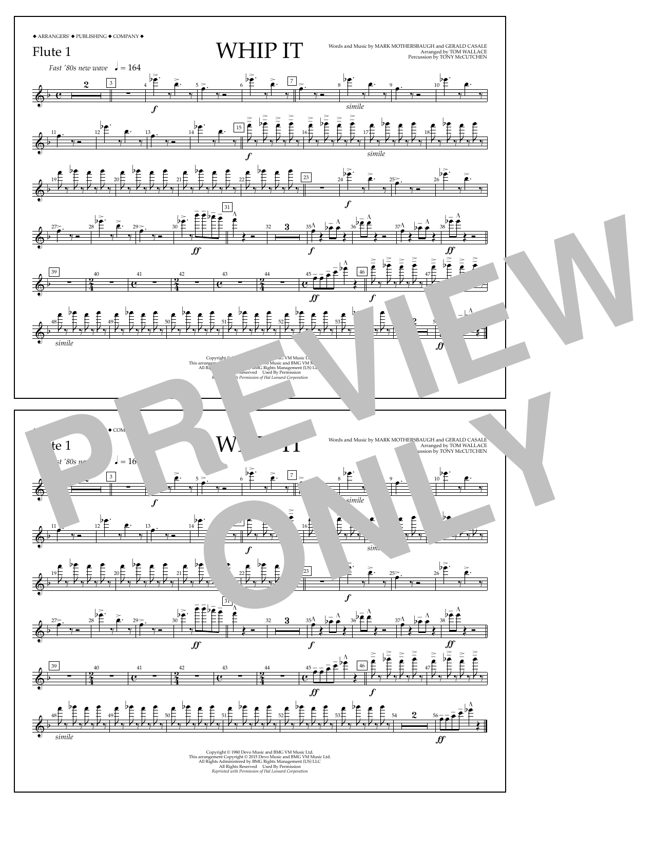 Tom Wallace Whip It - Flute 1 Sheet Music Notes & Chords for Marching Band - Download or Print PDF